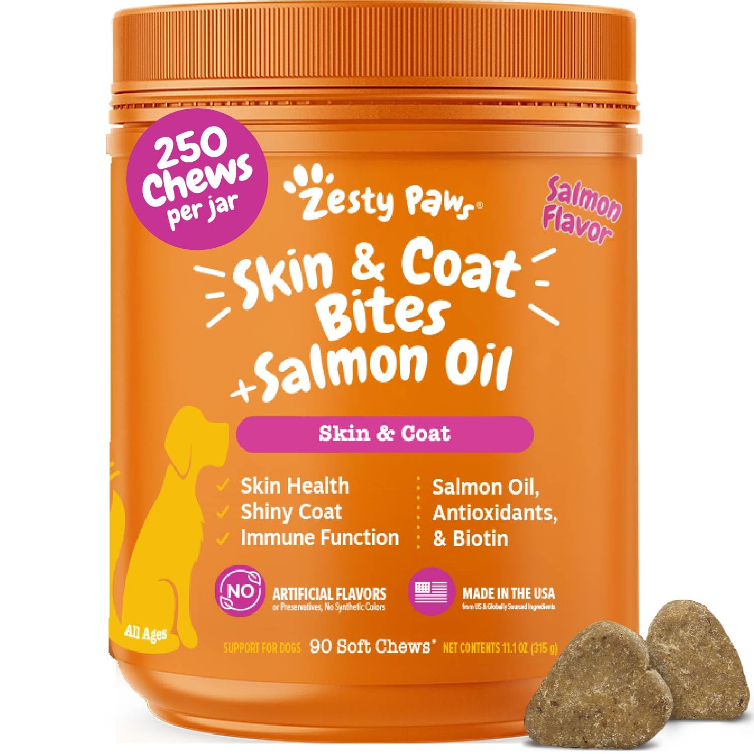 Zesty PawsSalmon Oil for Dogs Skin and Coat, Omega 3 Fish Oil Chews, Dog Allergy Relief Chews, Itch Relief Supplement, 250 Count, Salmon Flavor