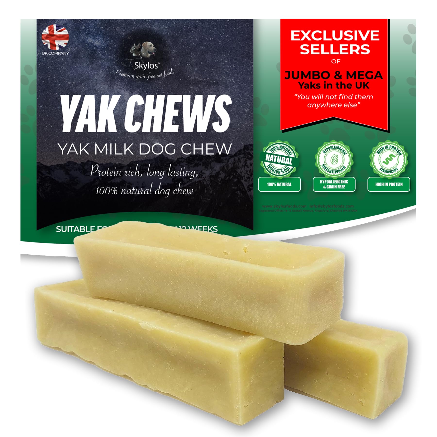 Skylos Yak Chews for Dogs - Various sizes (Mega and Jumbo) - Protein Rich Dog Chews Long Lasting Natural - yak milk dog chew (Medium 5 for the price of 4)