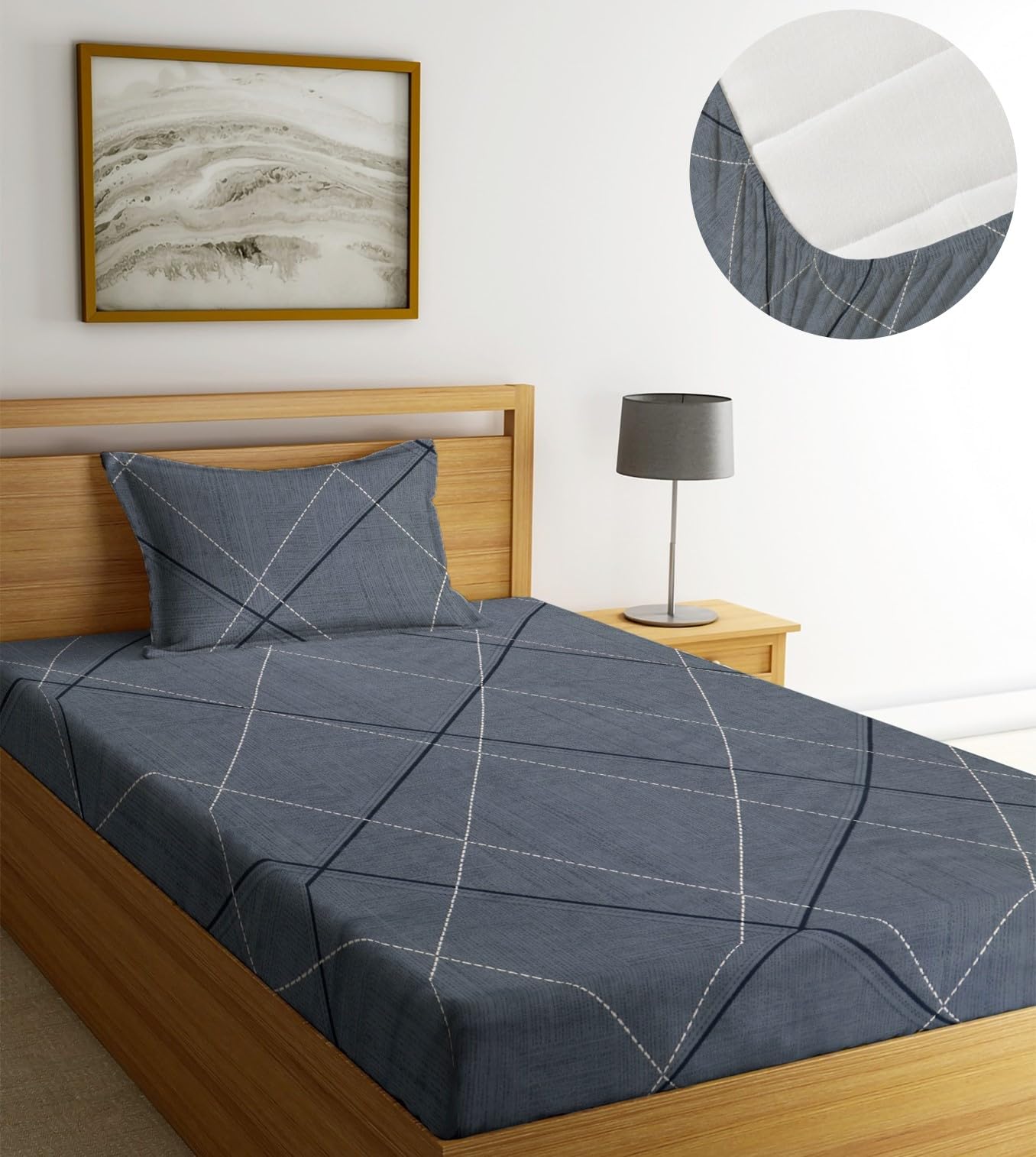 NHD HOME Premium Microfiber Elastic Geometric Fitted Bedsheets For With 1 King Size Pillow Covers|Single Mattress Bed With All Around Elastic 200 Tc Supersoft|Size-72 X 36 +6 Inches|Dark Grey-image-22