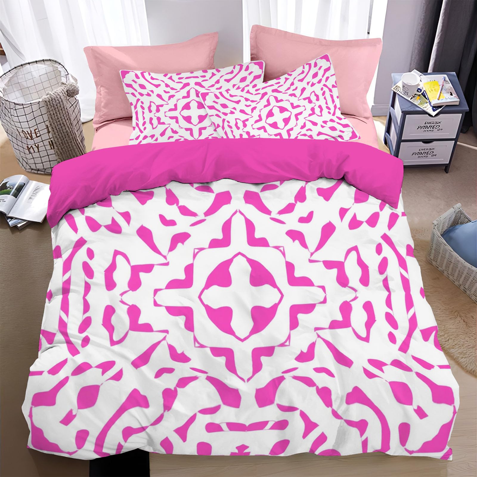 Housse de couette 220x240 respirante rose avec parure de lit enfant 3D et microfibre douce réversible