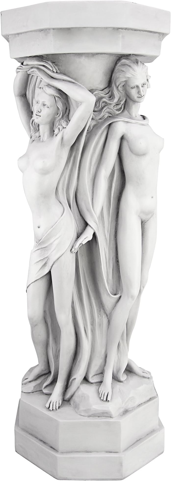 Column of Maenads Women Indoor/Outdoor Sculptural Display Pedestal Plant Stand, 28 inches tall, Cast Stone Resin, Antique Stone Finish