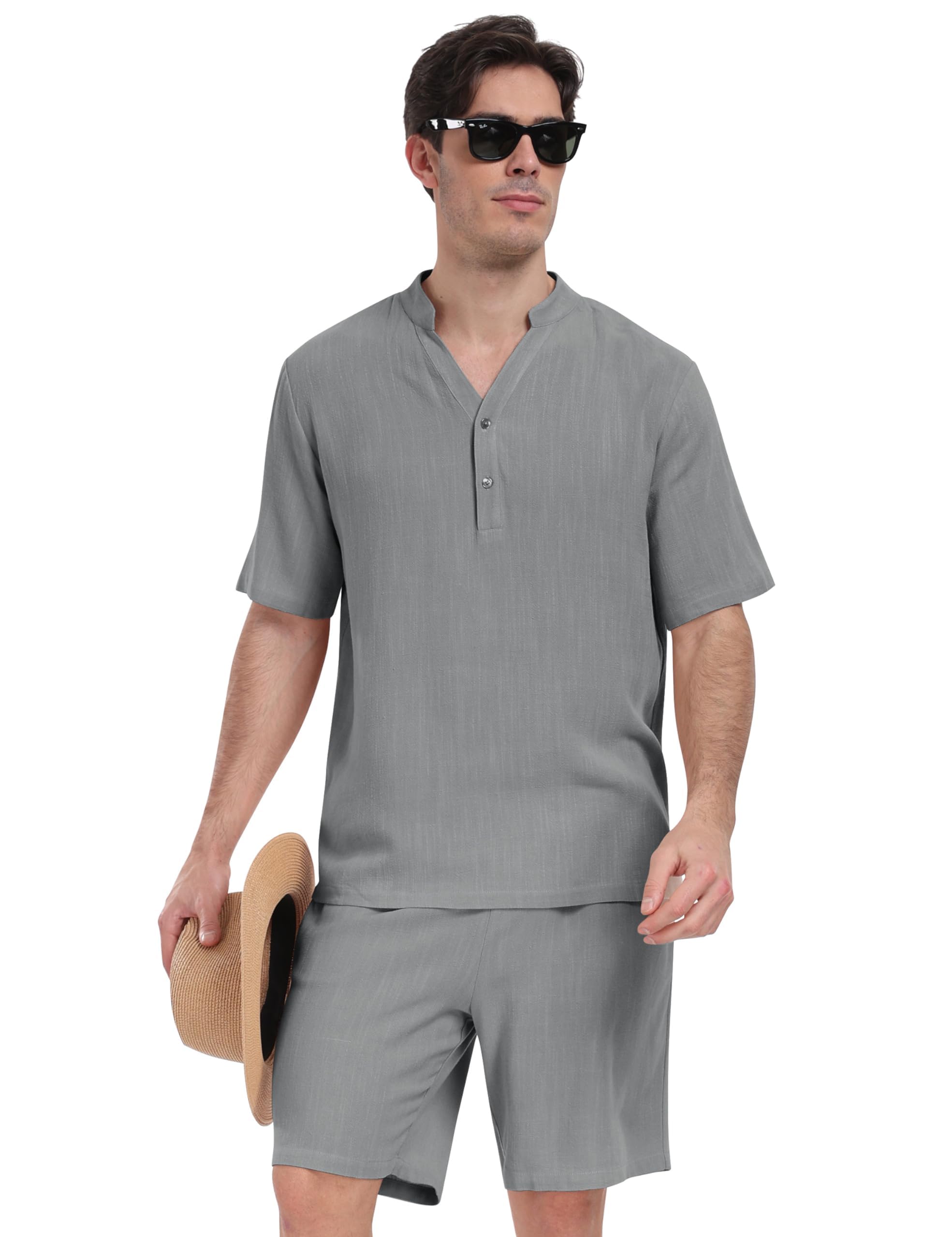 MoFiz Conjunto de Camisa y Pantalones Cortos de Algodón y Lino Para Hombre Ropa Casual de Verano Conjunto de 2 Piezas