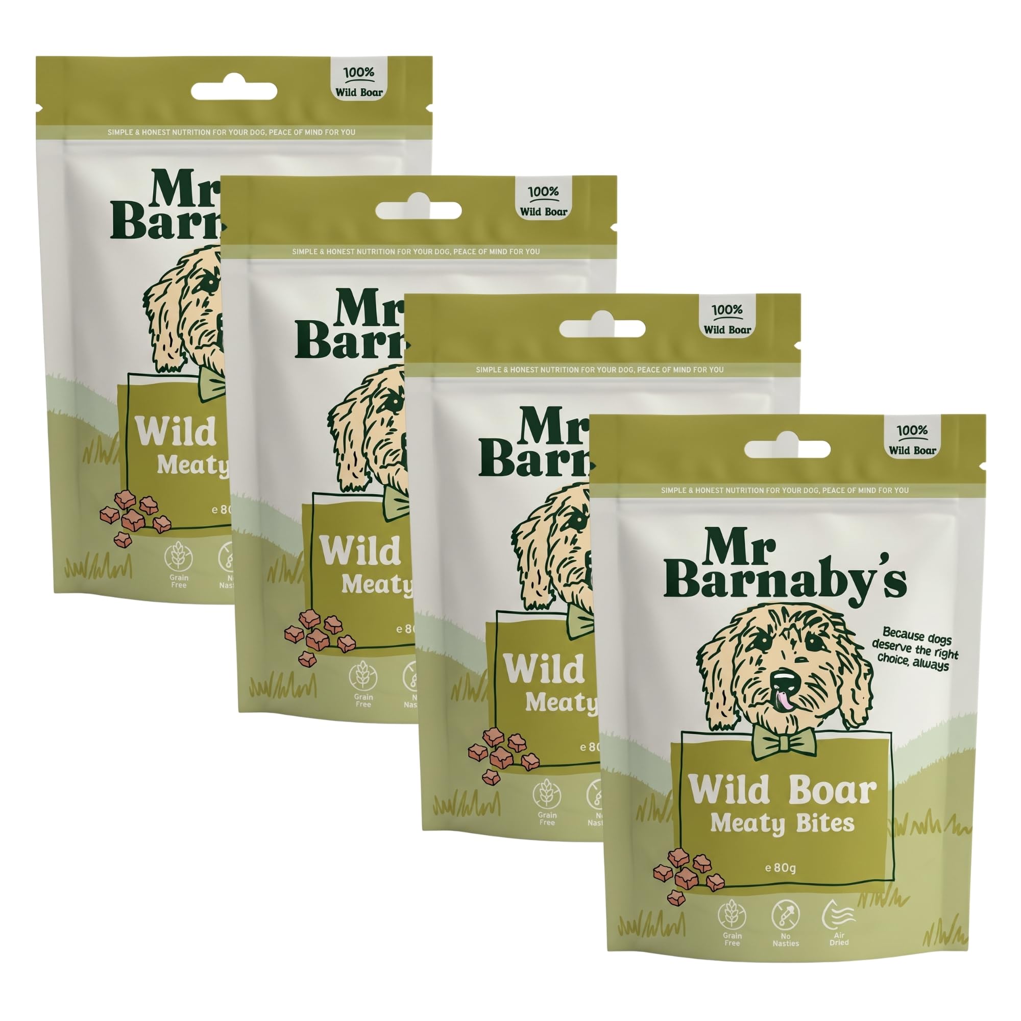 Mr Barnaby's Training Dog Treats - 100% Wild Boar, 4 x 80g - Hypoallergenic, Grain Free & Natural Dog Chews - Puppy Training Treats for Dogs - Air-Dried & High Protein for Puppy, Adult & Senior Dogs