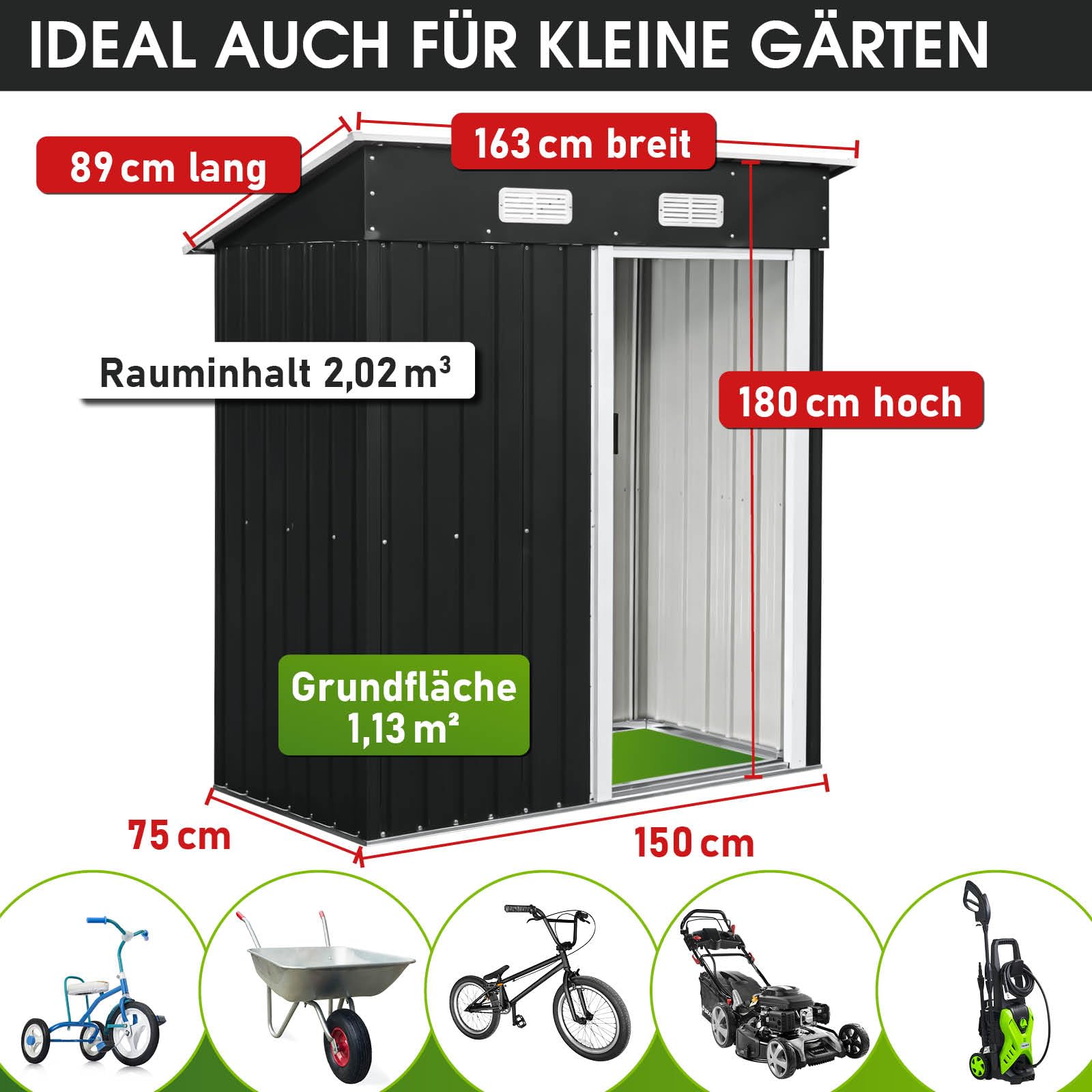 BRAST Gerätehaus Metall Pultdach Satteldach 163x89x180-278x323x192cm Anthrazit wetterfest wasserdicht