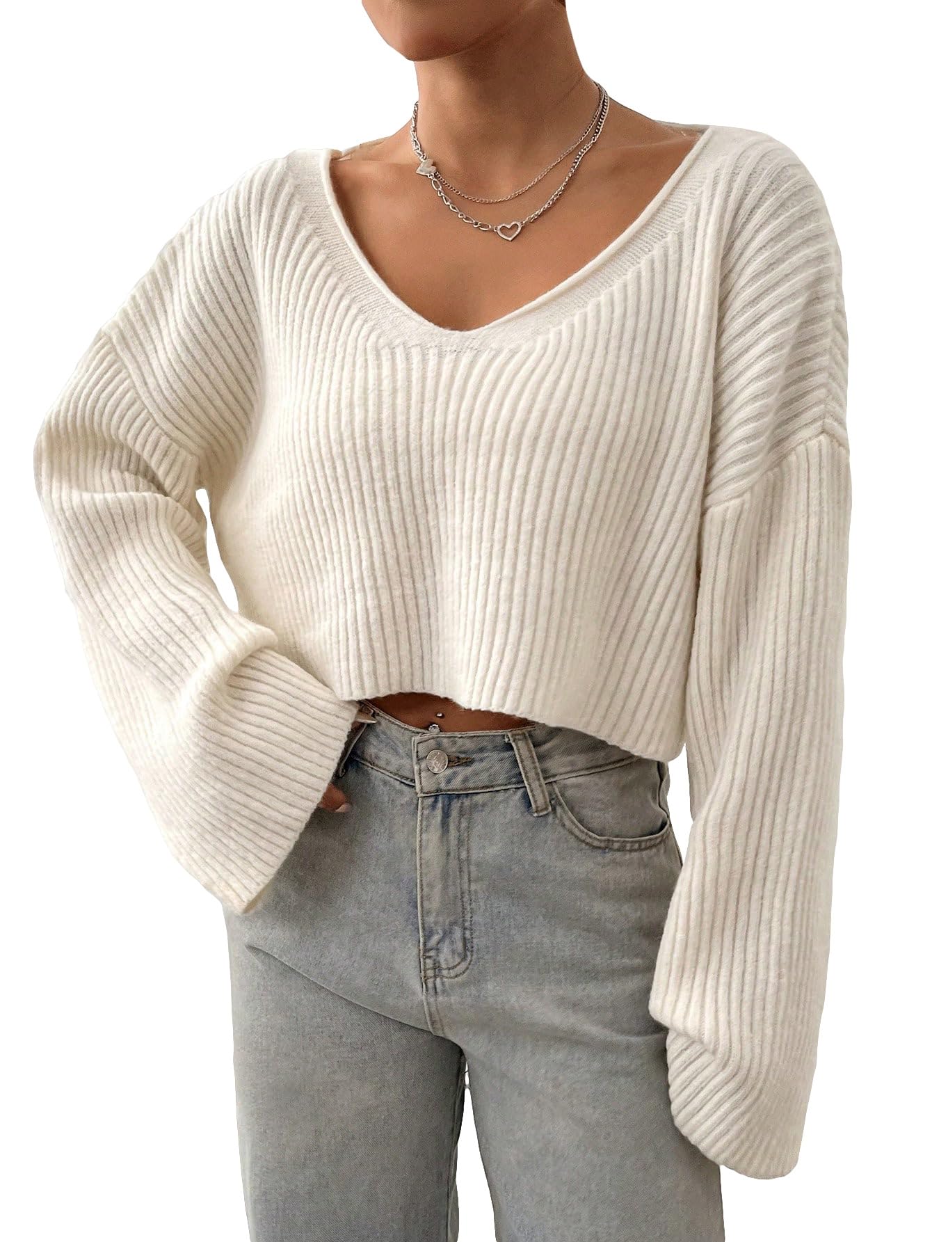 Floerns Womens Long Sleeve Cropped Fall Pullover V Neck Drop Shoulder Rib Knit Sweaters Top