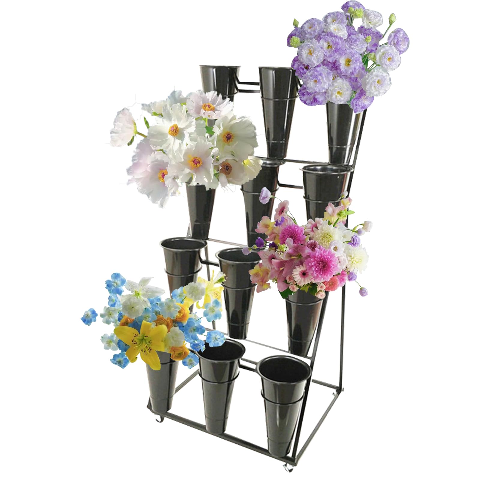 DFGHNBVC Metal Heavy Duty Moving Plant Cart With Wheels, Wrought Iron Florist Shelf For Livingroom, Garden, Indoor, Outdoor, Patio,4 Tier 12 Black Bucket