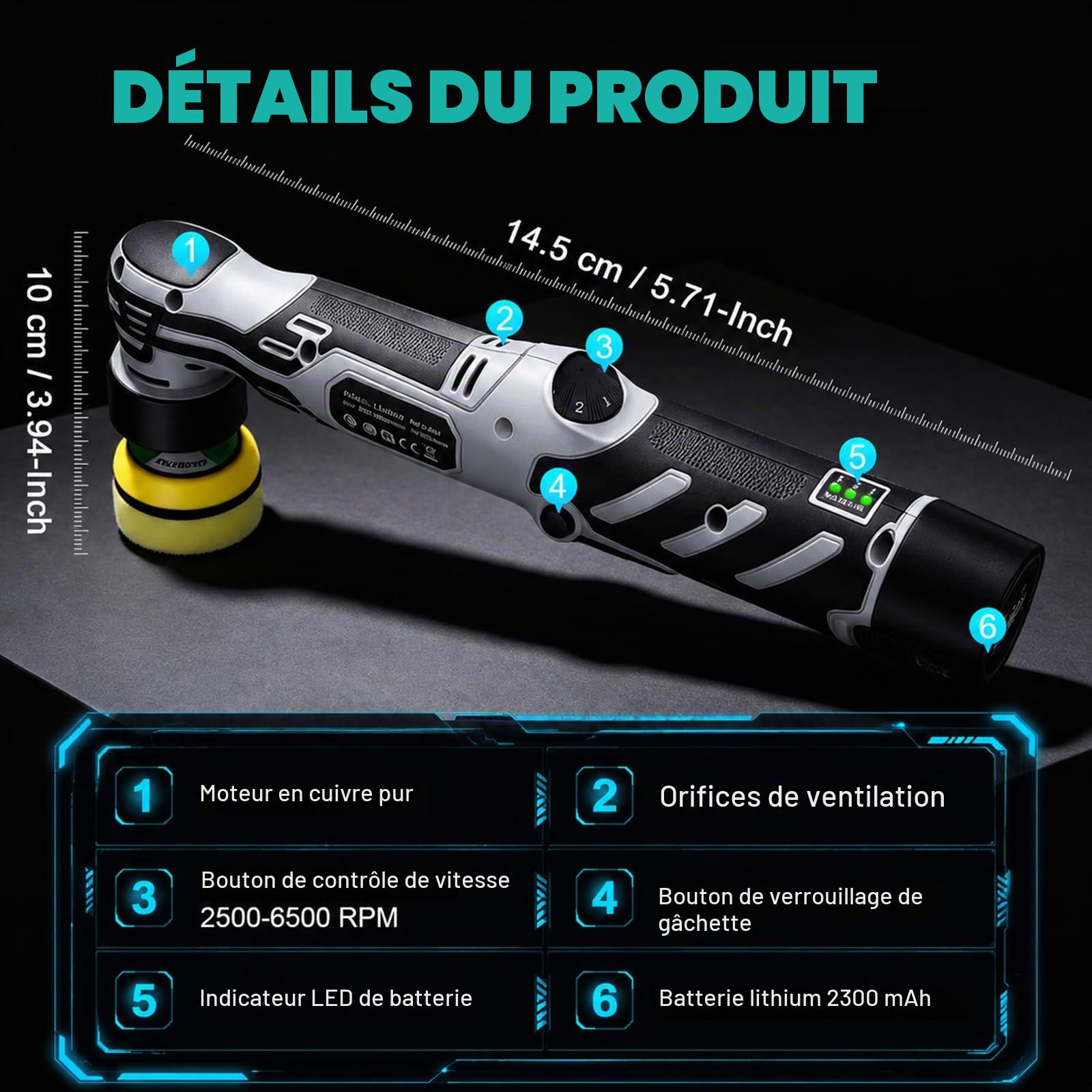 Polisseuse sans fil, 6 vitesses 2500–6500 tr/min, mode orbital 5/12mm et rotatif, 2 batteries 12V, Lustreuse voiture pour polissage, cirage et réparation de rayures