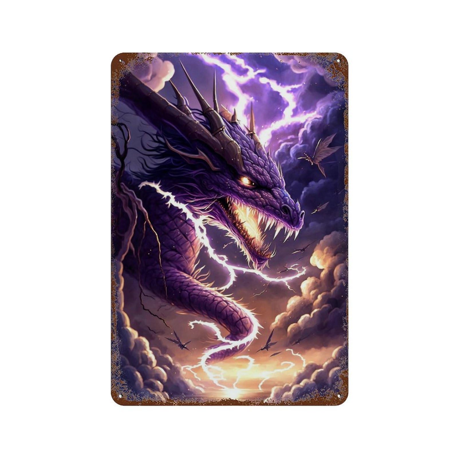 Garage Style Thundering Purple Dragon Artwork Rusty Metal Tin Sign 11.8"x7.9", Decorative Metal Wall Art for Bar And Workshop