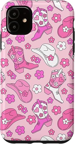 iPhone 11 Rosa Cowgirl Botas Vaqueras Estéticas Sombrero de Vaquero Estilo Occidental Lindo Caso
