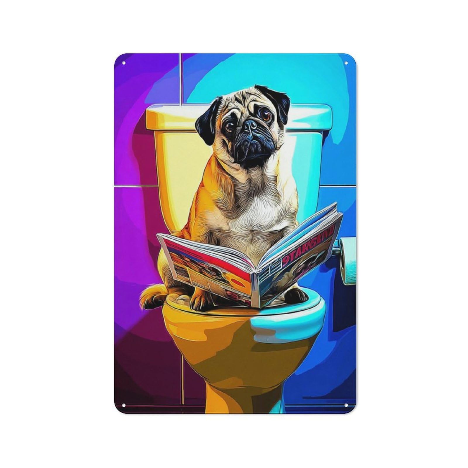 Junmoney Pug Reading Magazine On Toilet Rustic Tin Sign 30X20cm, Vintage Porch Wall Decor For Conservatory, Home Bar Or Utility Room
