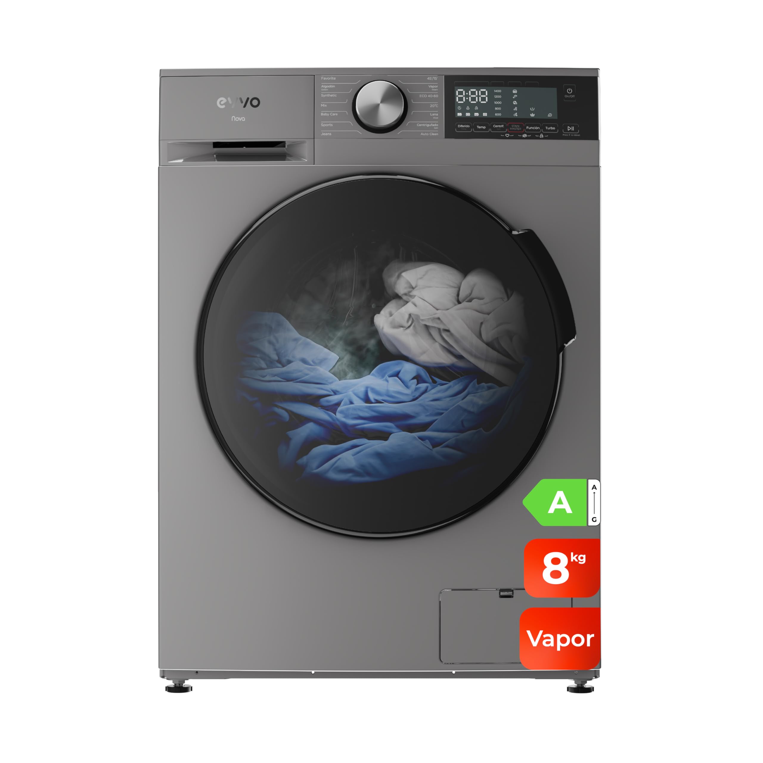 EVVO Lavadora 8kg, Vapor, Bajo consumo, Clase A, Motor Inverter, Hygiene Pro, Lavado Rápido 15', Tambor ePROTECT, SMART LOAD, 1400 rpm, 13 programas, Carga frontal, Nova (8Kg, Inox) Etiqueta Energética