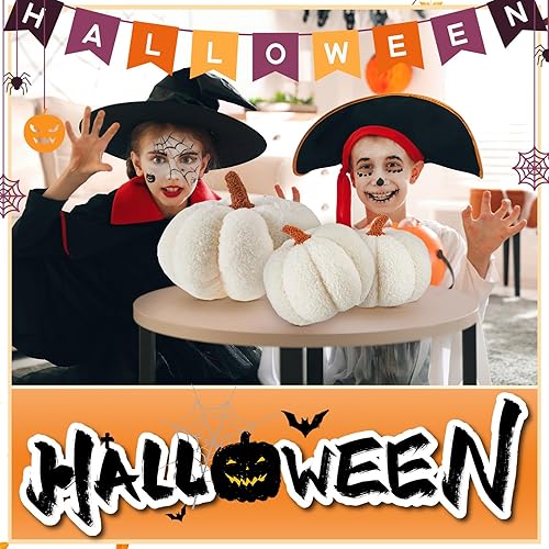 Miniatura 5 de Calabaza de peluche de Halloween en forma 3D decorativa de Acción de Gracias almohada suave y linda, 11 pulgadas, 7 pulgadas (blanco, 3 piezas)