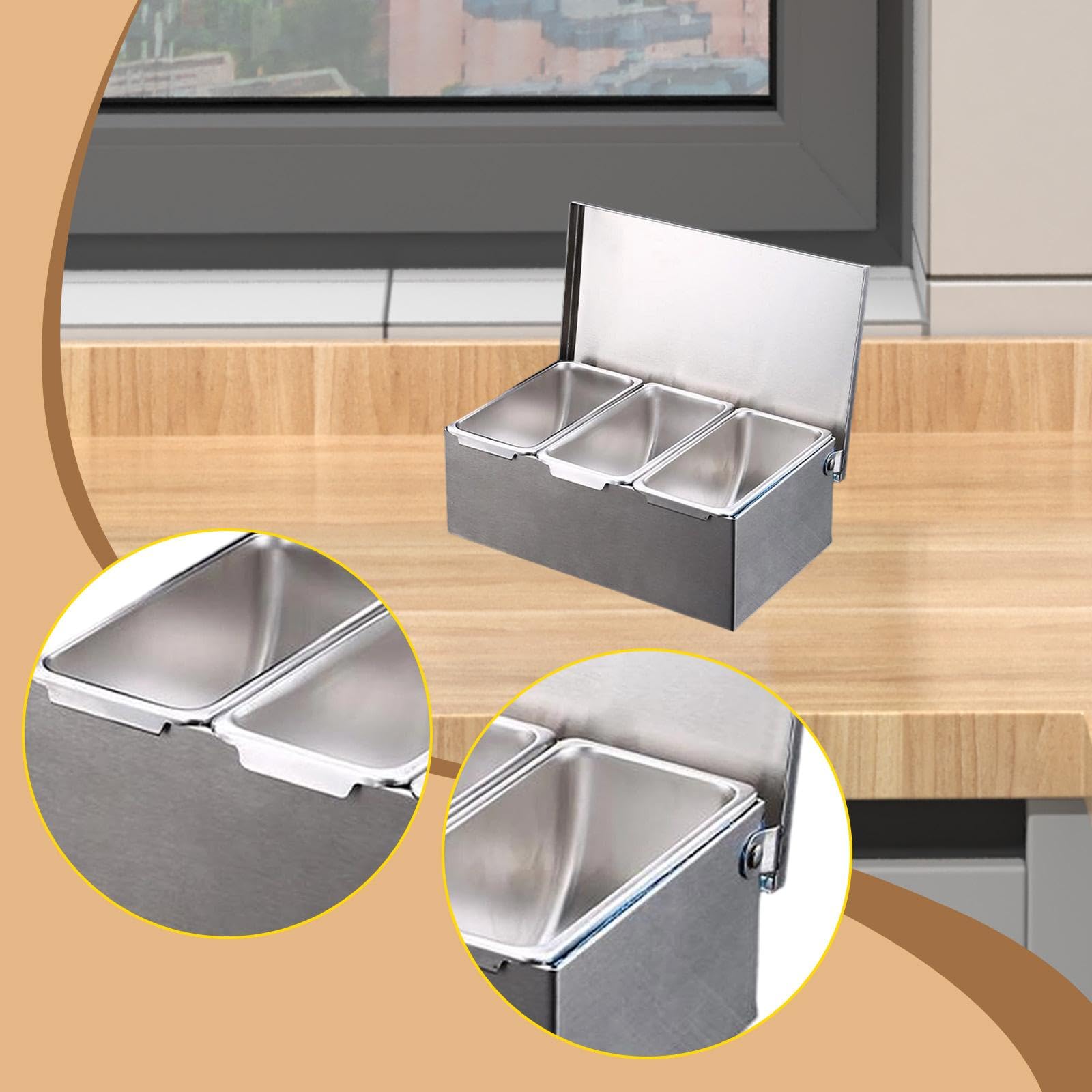 Dispensador de Especias de Acero Inoxidable, Recipiente de Almacenamiento, Bandeja para Especias, Contenedor de Especias, Estación de Aderezos, Organi, 3 cuadrículas, Individual