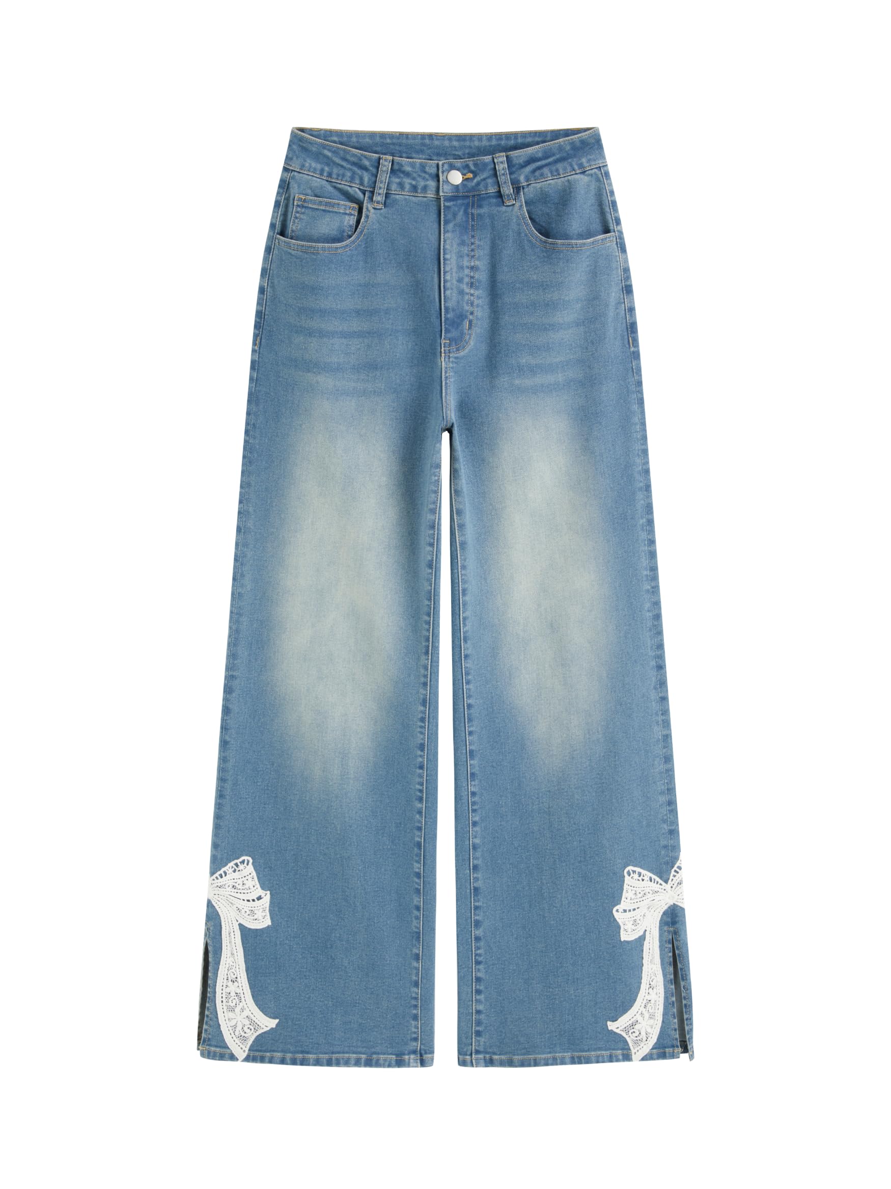 CIDER Baggy Jeans mit weitem Bein für Damen, mittlere Taille, Schleife, Denim-Hose