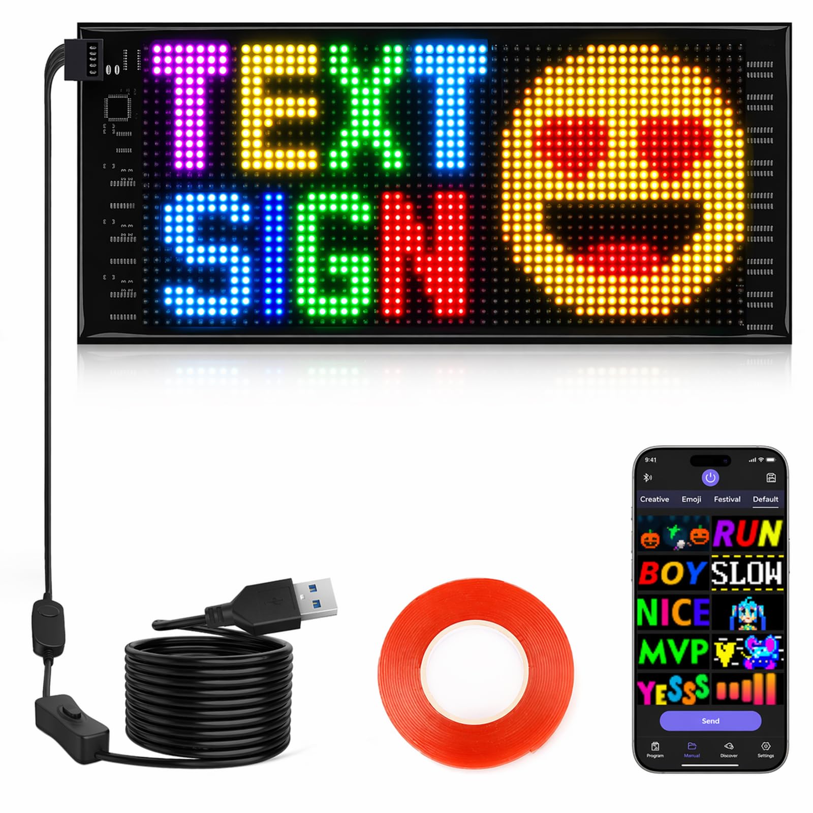 Photo 1 of KJOY Full Color Dual Row LED Light Sign for Car, 10.6''x4.7'' Scrolling LED Car Signs Flexible 5V/2A Bluetooth APP Custom Text Pattern Animation Programmable Display for Store Car Bar Hotel