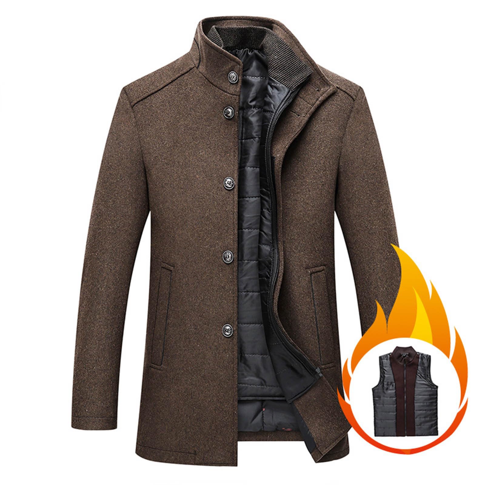 Moda Retro para Hombre Clásico Cuello Alto Botón Chaleco Extraíble Abrigo Mezclado con Lana Otoño E Invierno Cálido Grueso Suelto Informal
