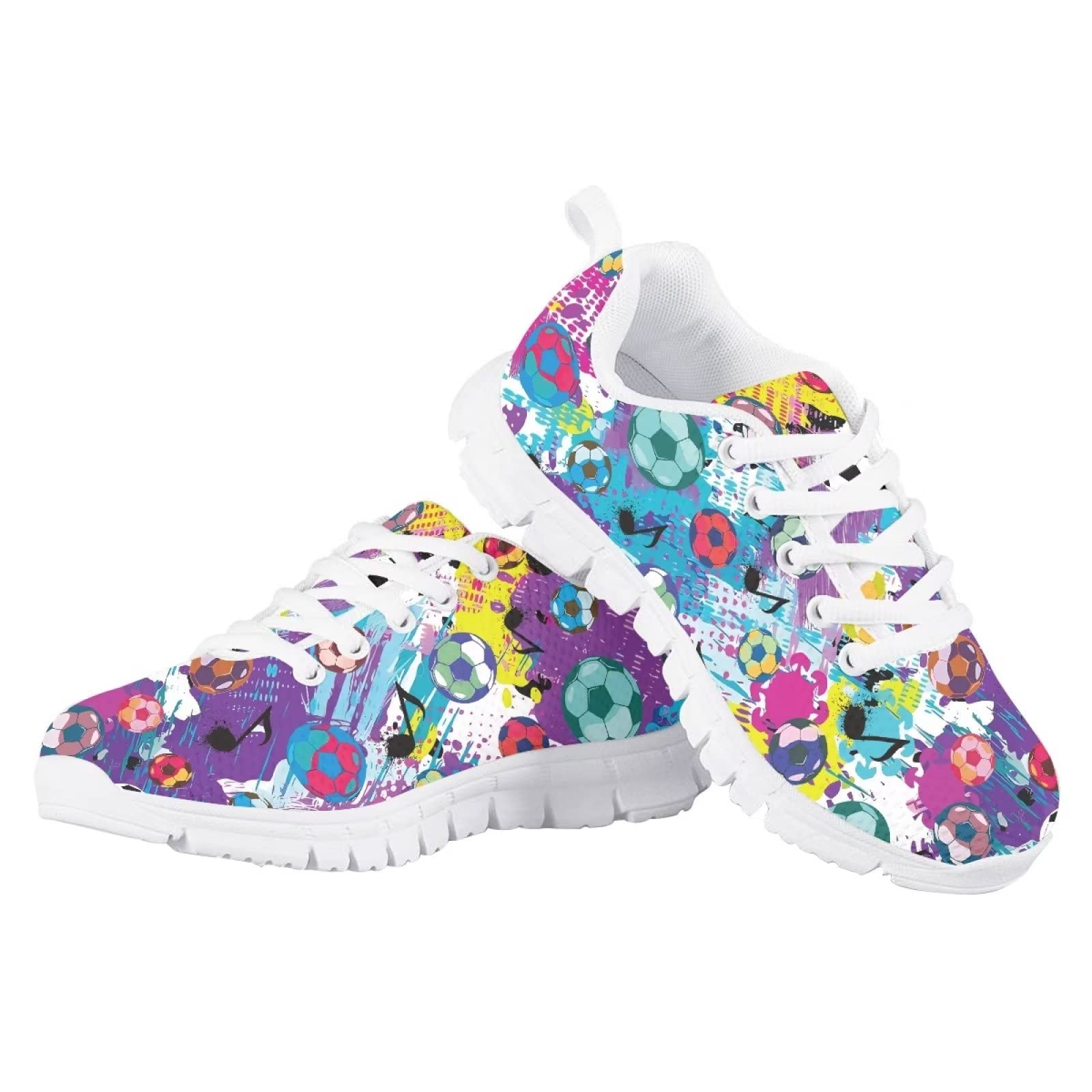 Jeiento Boys Girls Running Shoes with Colored Soccer Music Notes Print Breathable Kids Sneakers Lightweight Athletic Sports Running Hiking Shoes