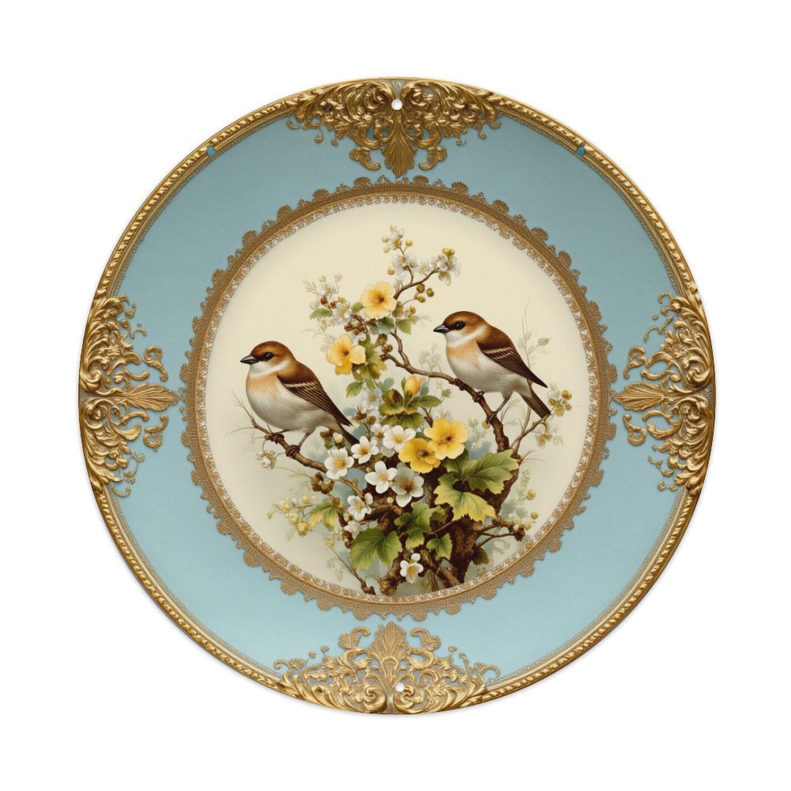 Birds Flowers Branch Gold Round Tin Sign Vintage Metal Poster, Home Bar Garage Man Cave Cafe Indoor & Outdoor Wall Decoration 8x8Inches