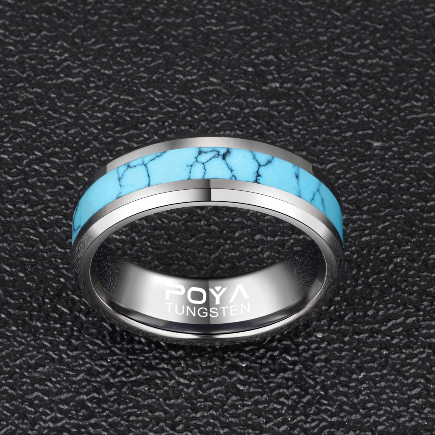 POYA 8mm Tungsten Wedding Band Turquoise Rings for Men Beveled Edges Comfort Fit - Image 3