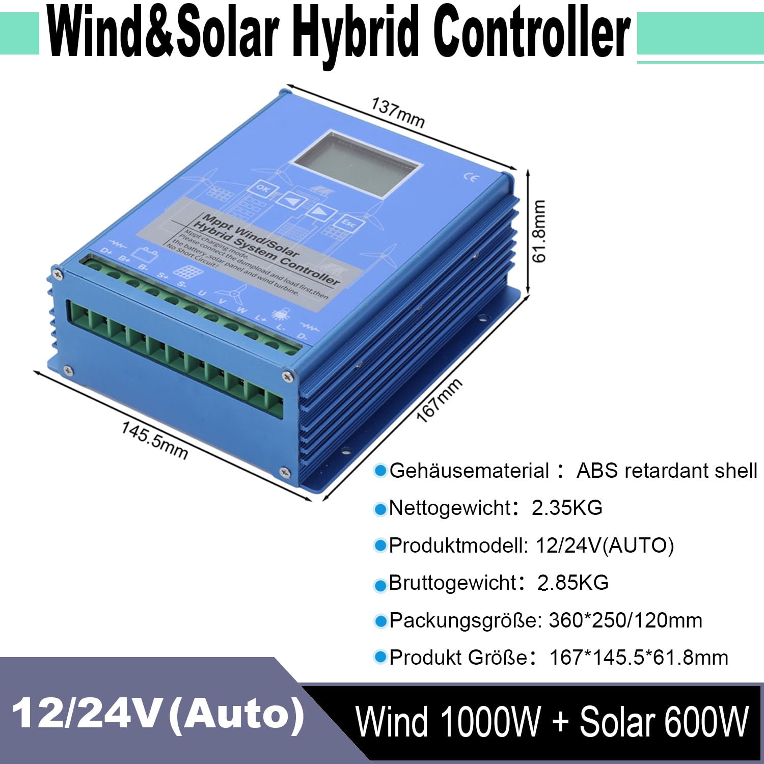 Regolatore di carica ibrido eolico da 1600 W, MPPT con funzione di carica boost, generatore eolico da 1000 W e pannello solare da 600 W, regolatore di batteria da 12 V/24 V, con funzione di dump