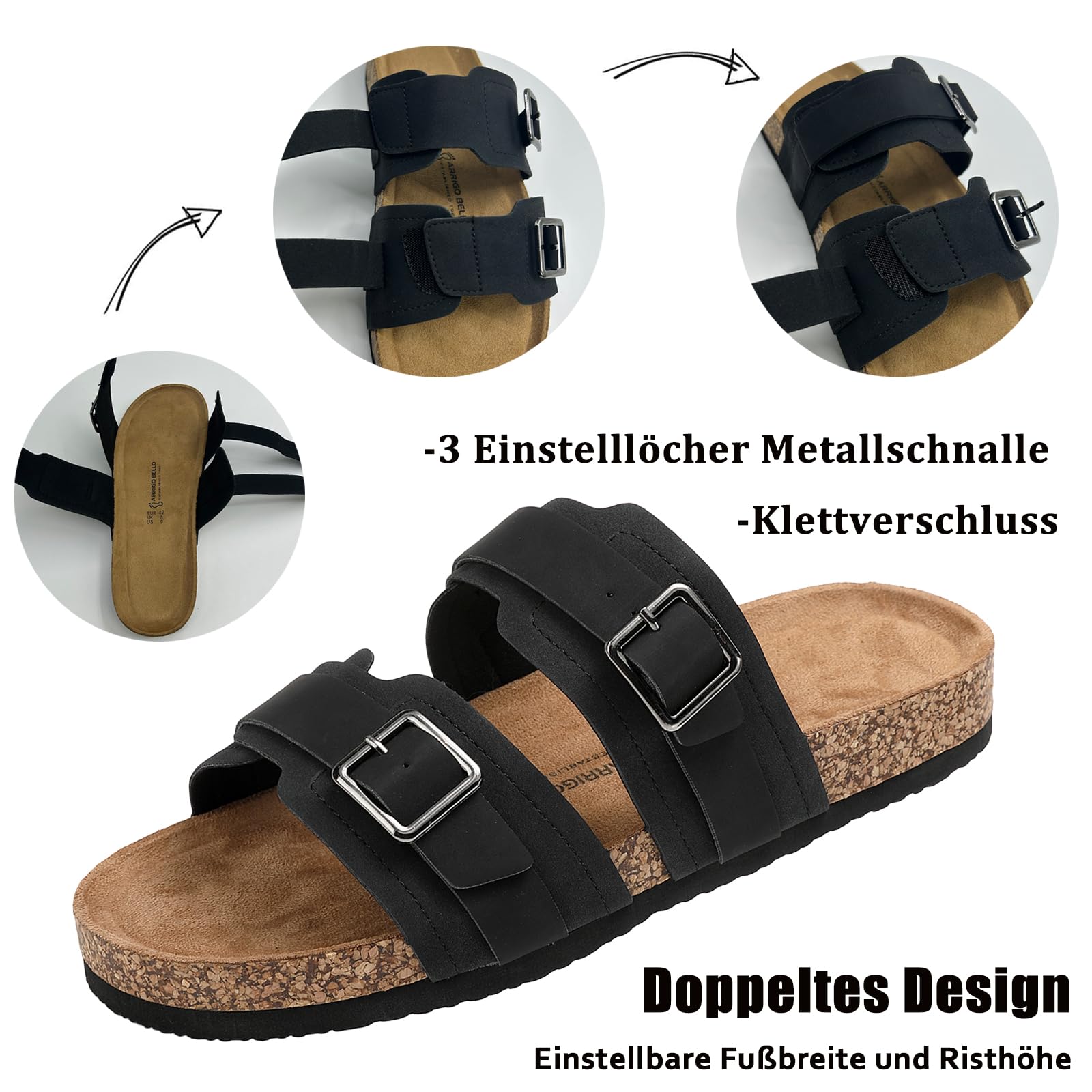 ARRIGO BELLO Mules Hombre Sandalias de Cuero Punta Abierta Hebillas Ajustables Zapatillas de Corcho Cómodas Antideslizantes EU41-46