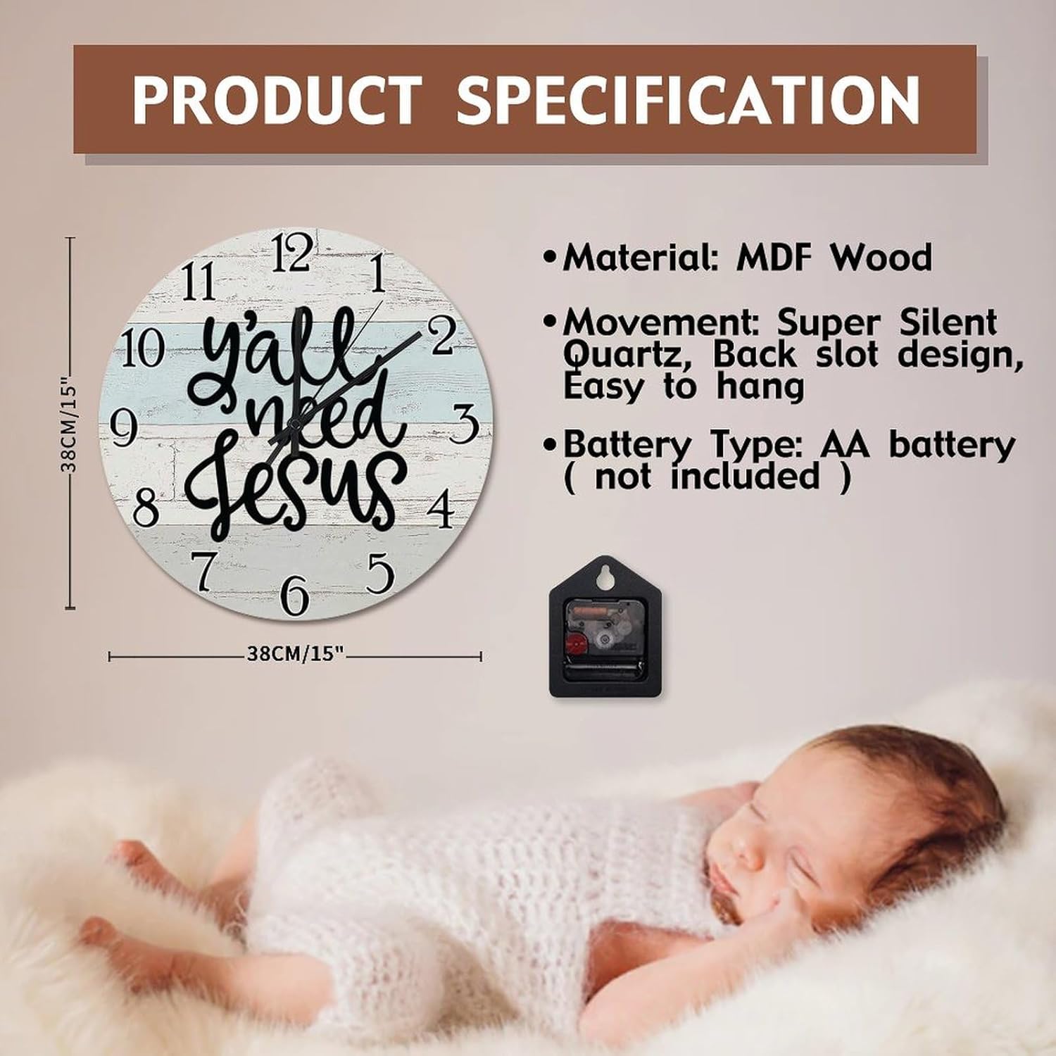 Yall Need Jesus Wall Clock Jesus Quote 15 Inch Wooden Wall Clocks Battery Operated Quiet Farmhouse Christian Quote Art Modern Wall Decor for Kitchen Living Room Bedroom Office
