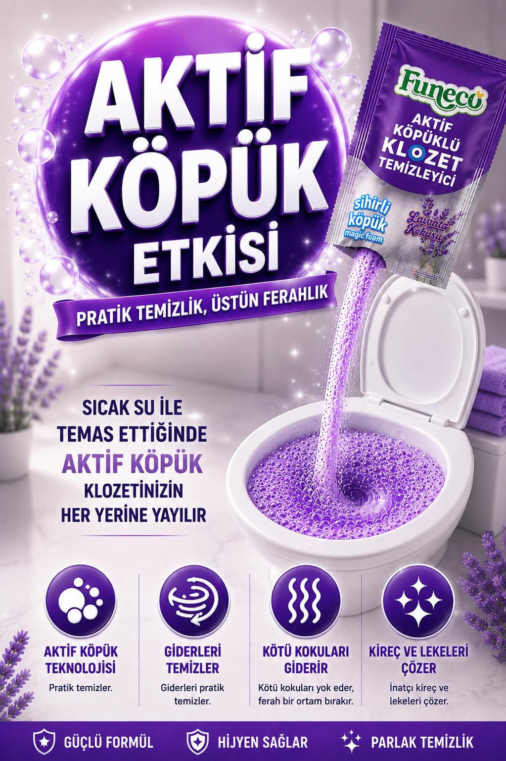Funeco Tuvalet Klozet WC Lavabo Temizleyici Aktif Köpüklü Doğa Dostu 4x75g (300g) Aylık Paket – Lavanta Ferahlığı