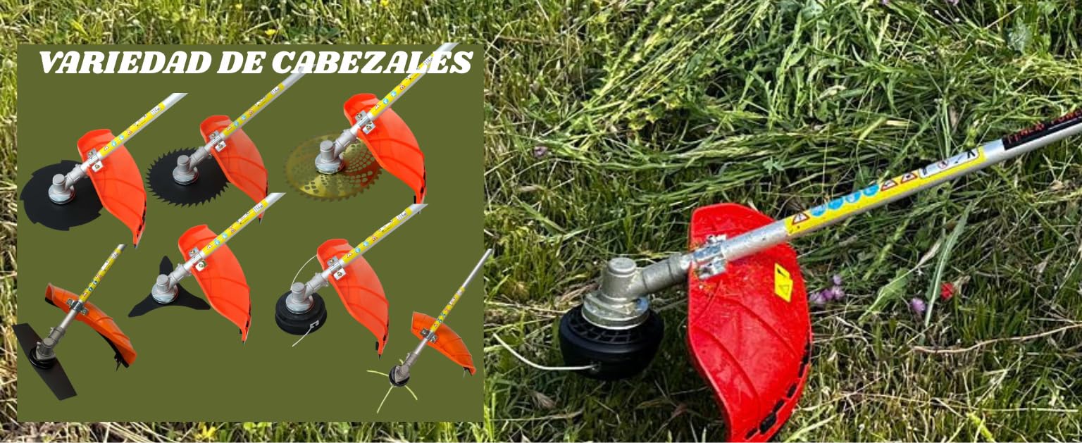 Desbrozadora de Gasolina de 52cc y 3cv, Motor 2 Tiempos, con 7 Accesorios Intercambiables, Arnés y Barra Divisible, 7 en 1