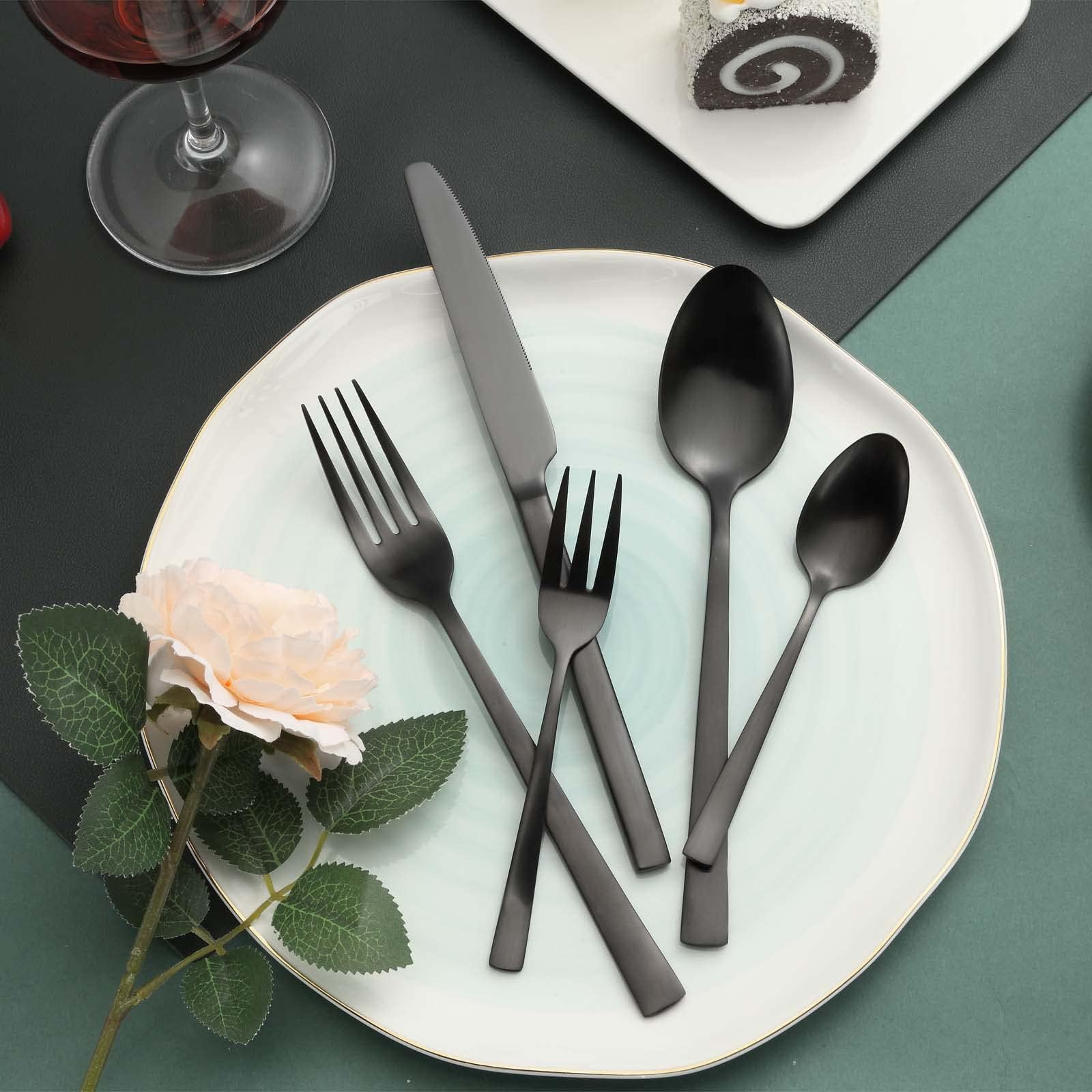 BEWOS 30 pièces Couverts pour 6 personnes, Set d'argent noir en acier inoxydable, Set de couverts noir mat avec couteaux, fourchettes et cuillères, poignée ergonomique