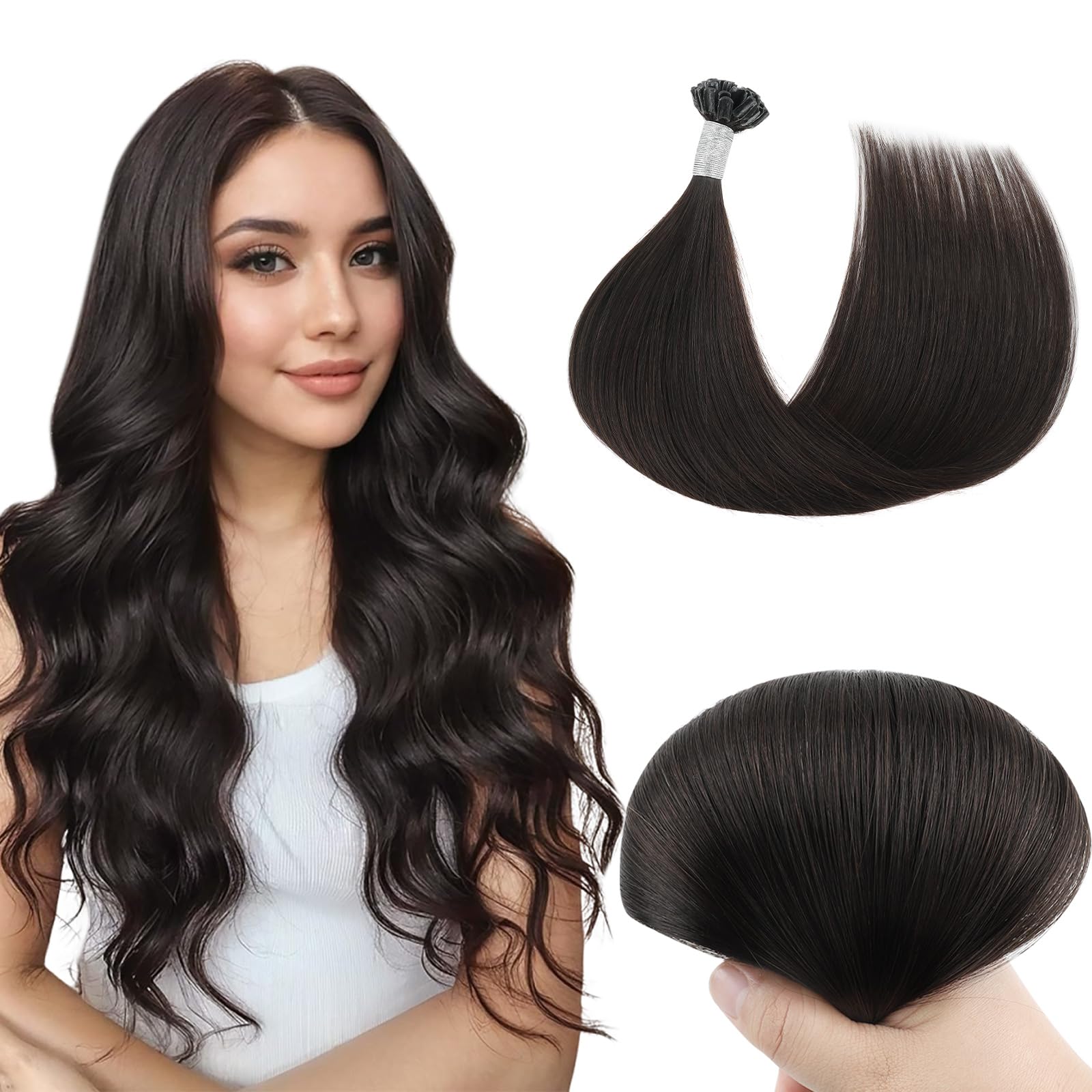 Yuniffe U Tip Hair Extensions - Real Human Remy Straight Hair, Hot Fusion Nail Tip Keratin Extensions, Off Black, 20 Inch, 50g/50s