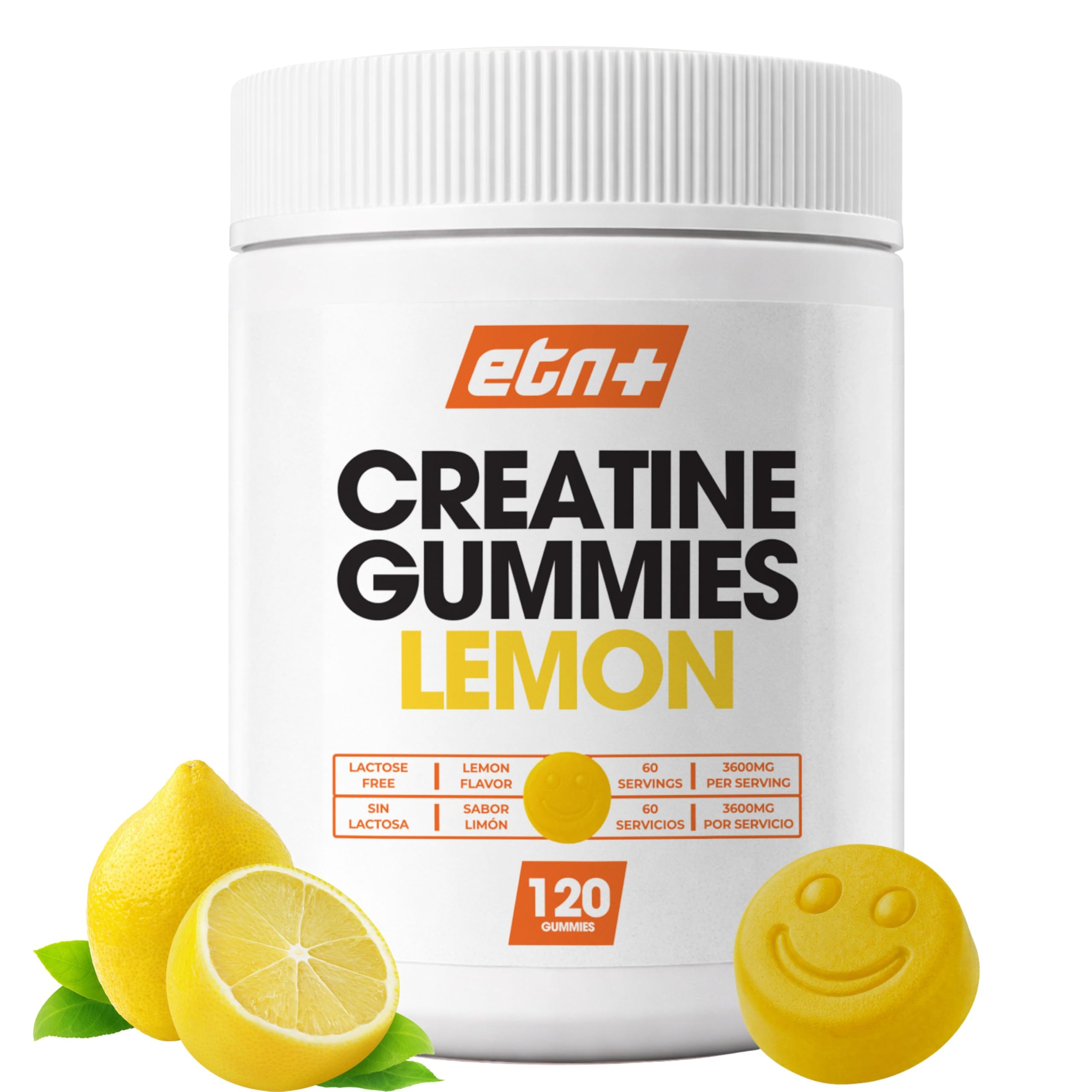 ETN+ Gominolas de Creatina Monohidratada 3600mg | 120 Gummies – 60 Servicios (2 meses) | Sin Azúcar, Sin Gluten | Alternativa Cómoda a la Creatina en Polvo | Ingredientes de Origen Natural | Limón