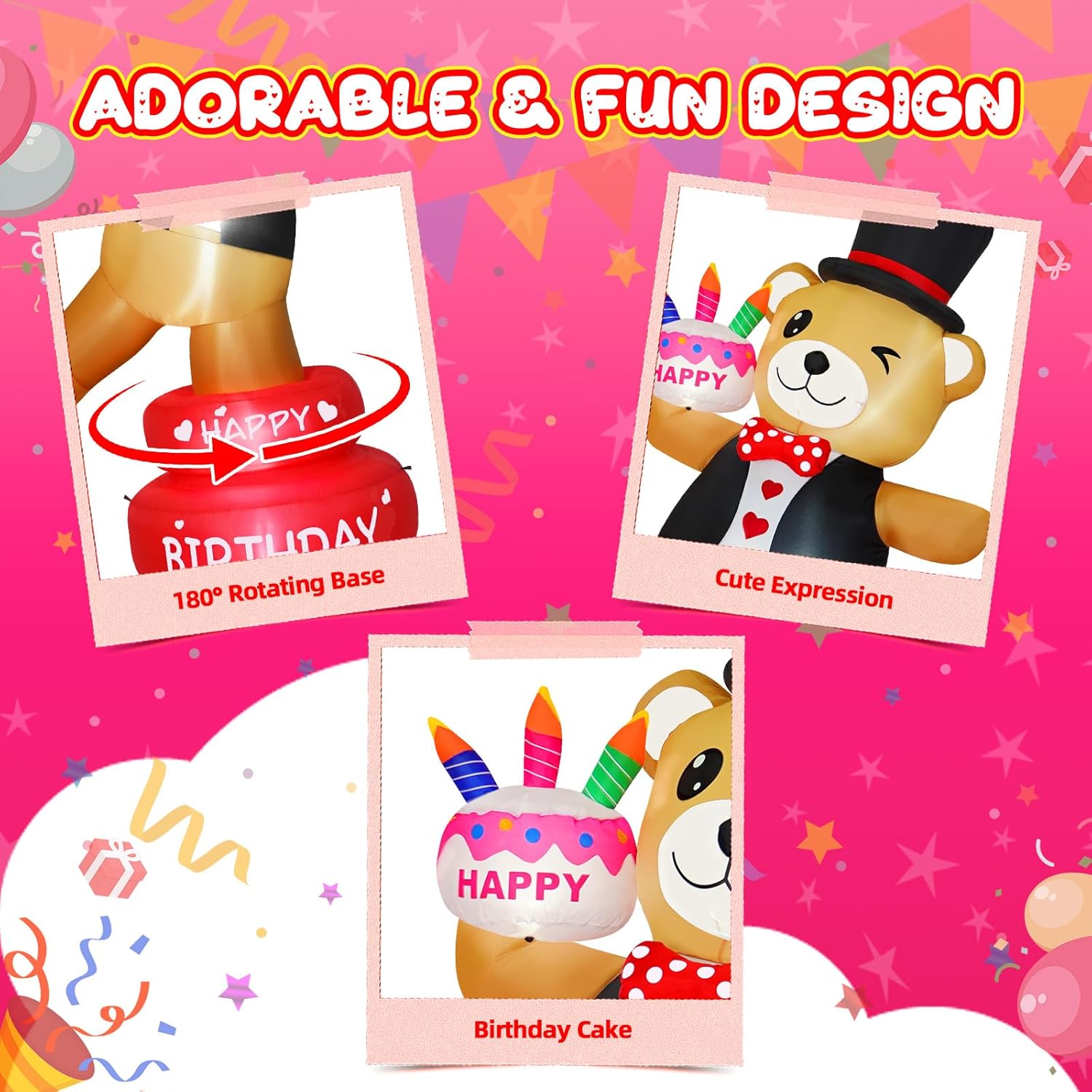 6FT Rotating Brown Bear Holding Birthday Cake Inflatable, 180° Spinning Blow Up Yard Decoration with Bright LED Lights for Outdoor Indoor Party Decor