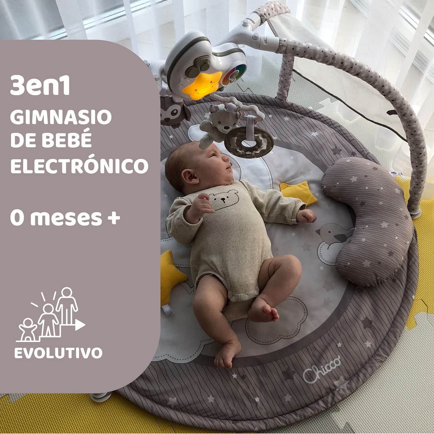 Chicco Enjoy Colours, Gimnasio para Bebés 3en1 Rosa, Juguete Multifunción Electrónico con Alfombra de Juegos, Estrella Proyector, Luz Nocturna Extraíble y Música Relajante – Juguetes Bebé 0+ Meses