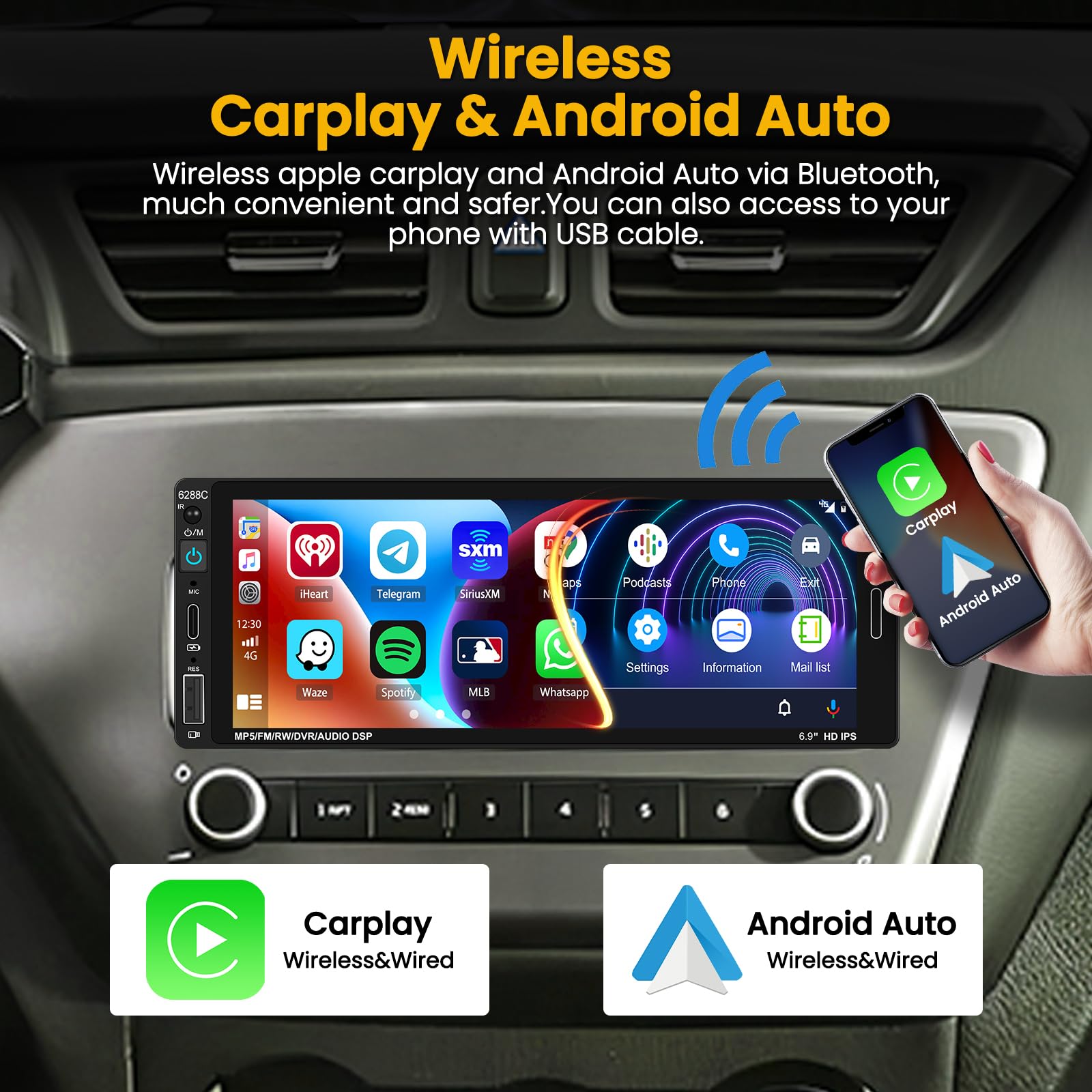 Autoradio 1 Din Avec Carplay Sans Fil Et Android Auto - Autoradio Carplay à écran Tactile IPS De 5,1 Pouces Avec EQ, Mirror Link, Radio FM/AM/RDS, Bluetooth, Port TF/AUX/USB, SWC + Caméra