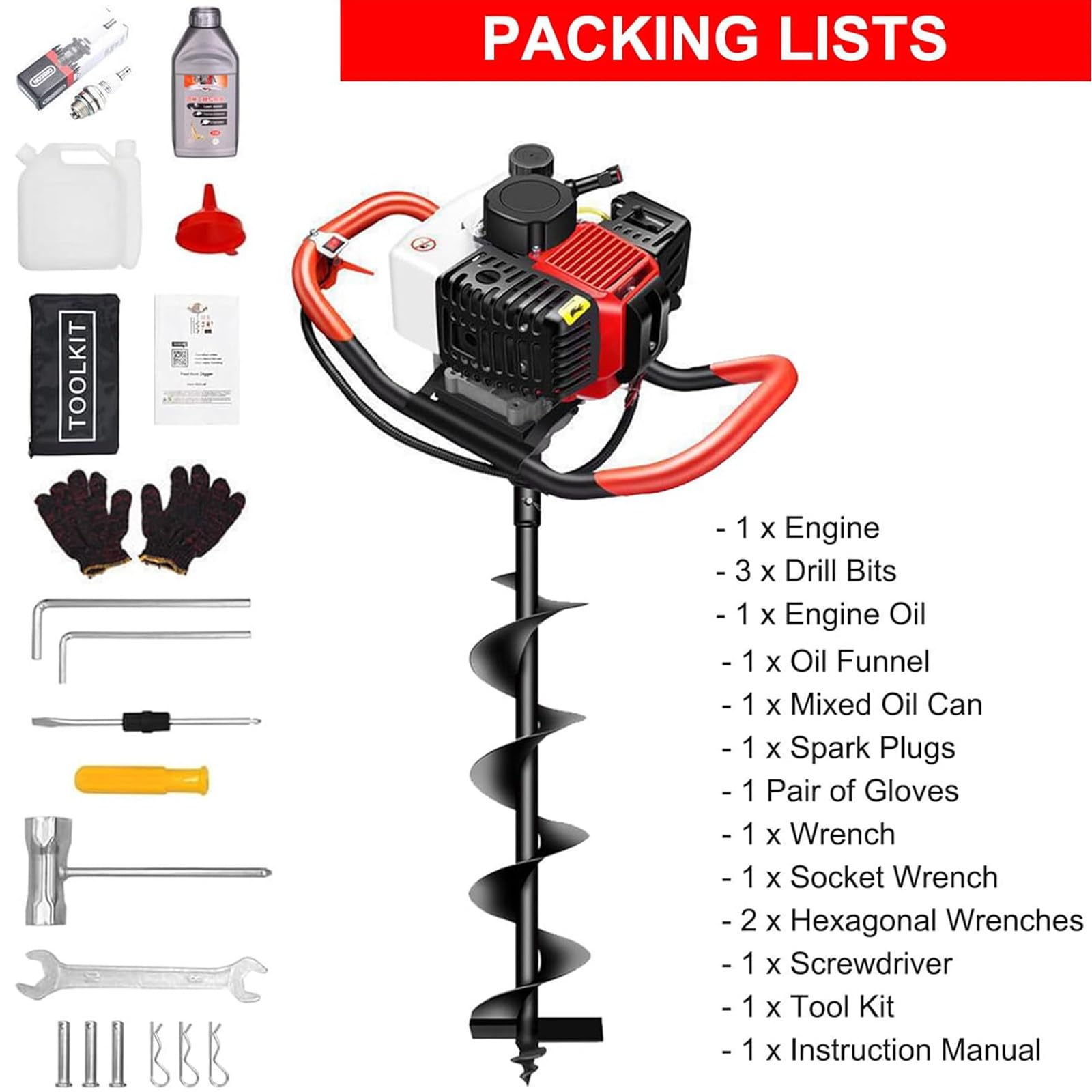 Excavadora Postes Gasolina 4 Tiempos, 1500W/12000r/min, barrena Tierra a Gasolina, barrena Tierra inalámbrica, excavadoras para Postes cercas, Tierra jardín y árboles, 8 Tipos Brocas. 6cm
