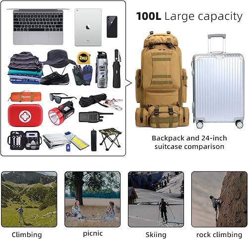 Miniatura 6 de Mochila de senderismo para campamento de 100 L, mochila táctica militar Molle, mochila de senderismo ligera impermeable (caqui-C)