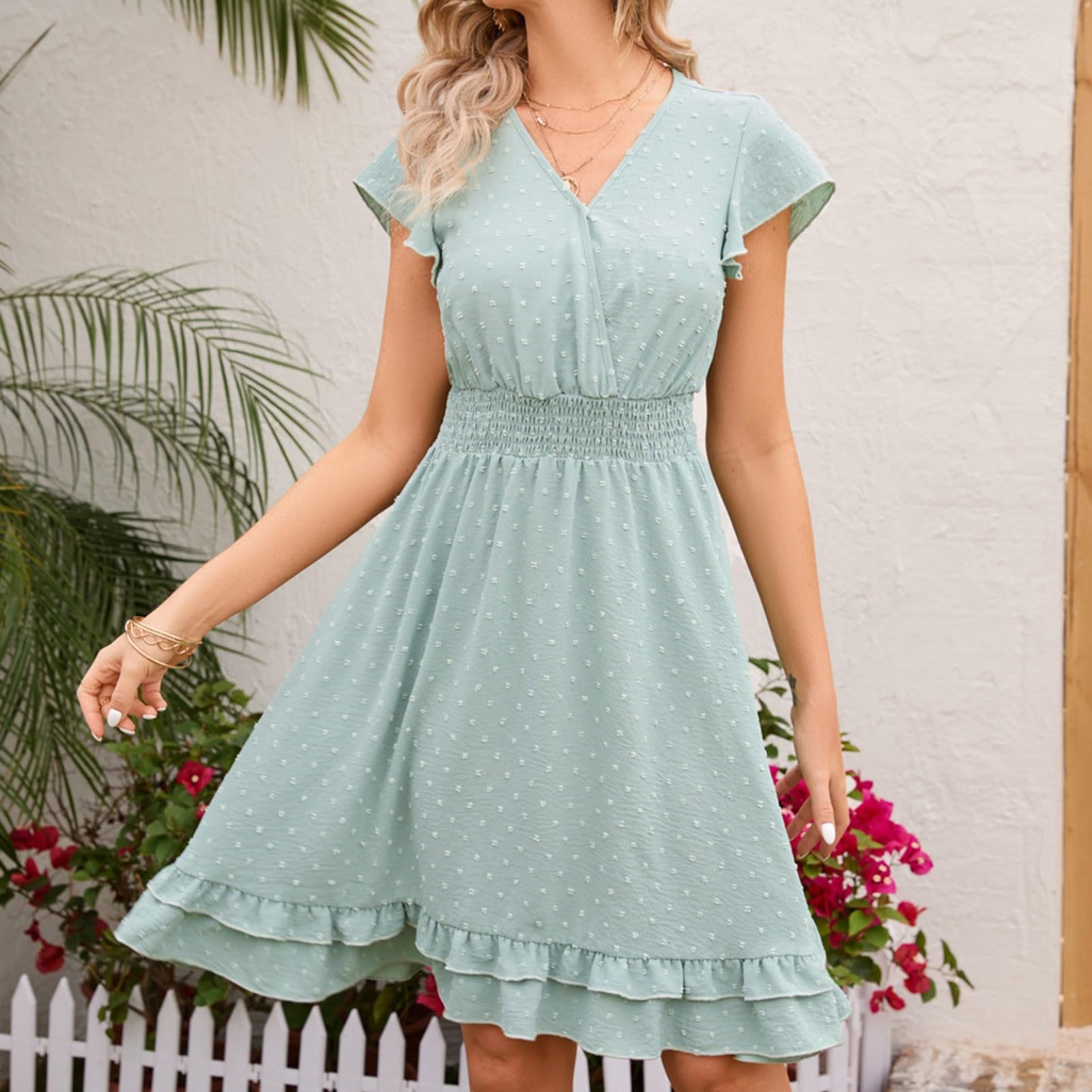 2026 mi-Longue Extensible Femme Manches Courtes Motif Floral Ligne A élasticité Confortable Haute Tenue décontractée élégante