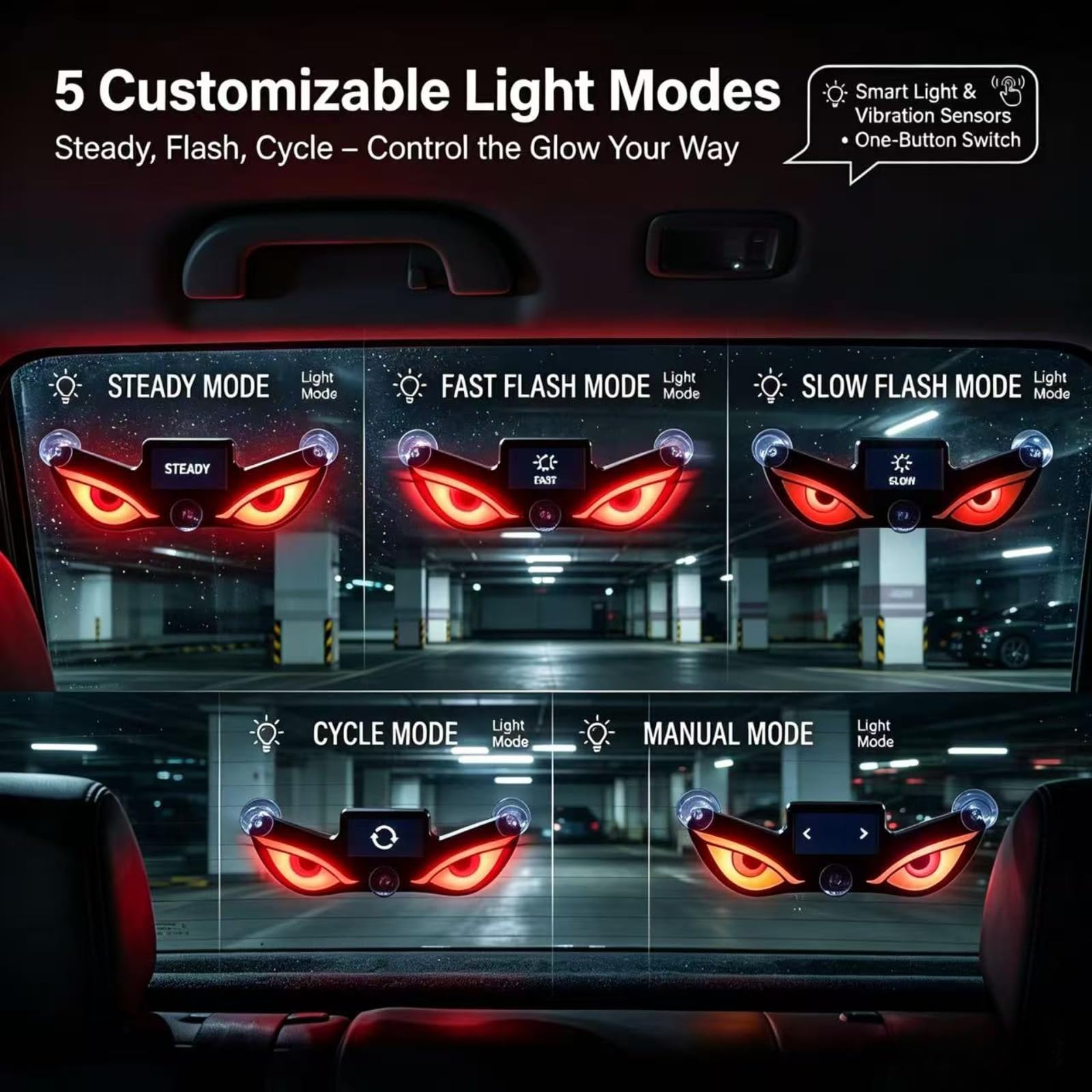 2PCS Solar Demon Eye LED Car Window Light,Lumières dynamiques de Voiture de 5 Modes,USB Solaire Double Puissance,Éclairage ambiant à Induction de Vibration,pour fenêtre de Voiture (D)
