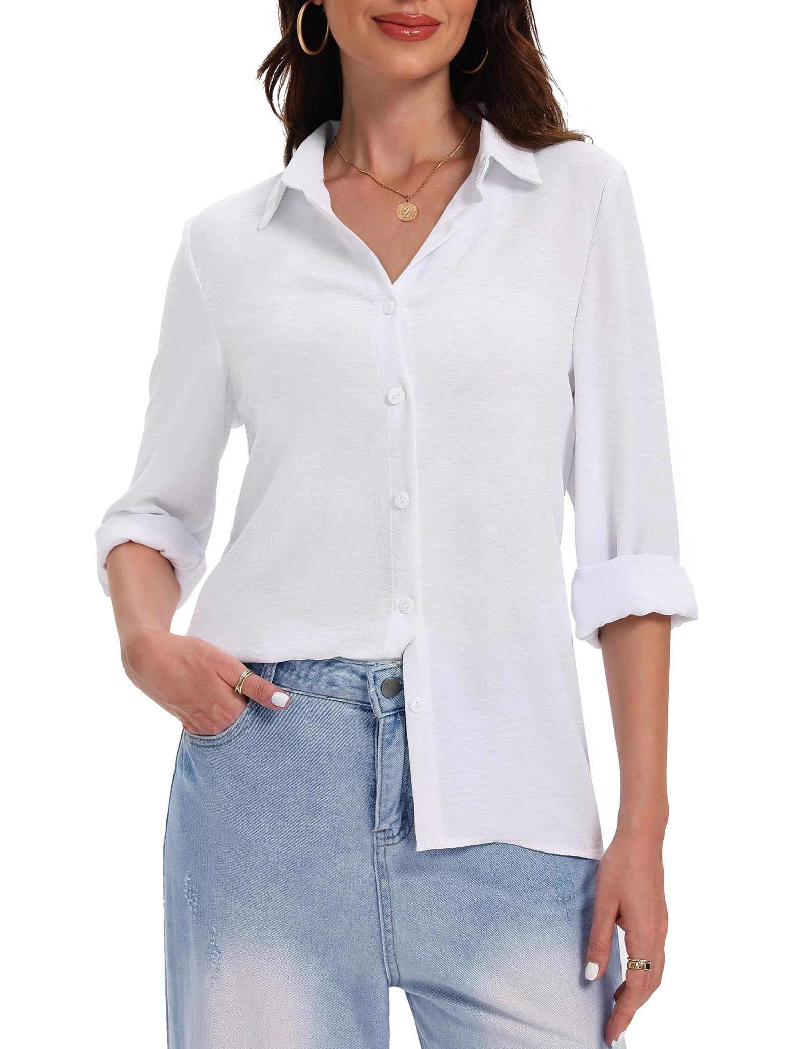 Kiiwah Camisa de Manga Larga Mujer Blusas, Camiseta Elegante Cuello en V Camisa con Botones Color Sólido Casual Camiseta Blusas Largas Tunic Tops