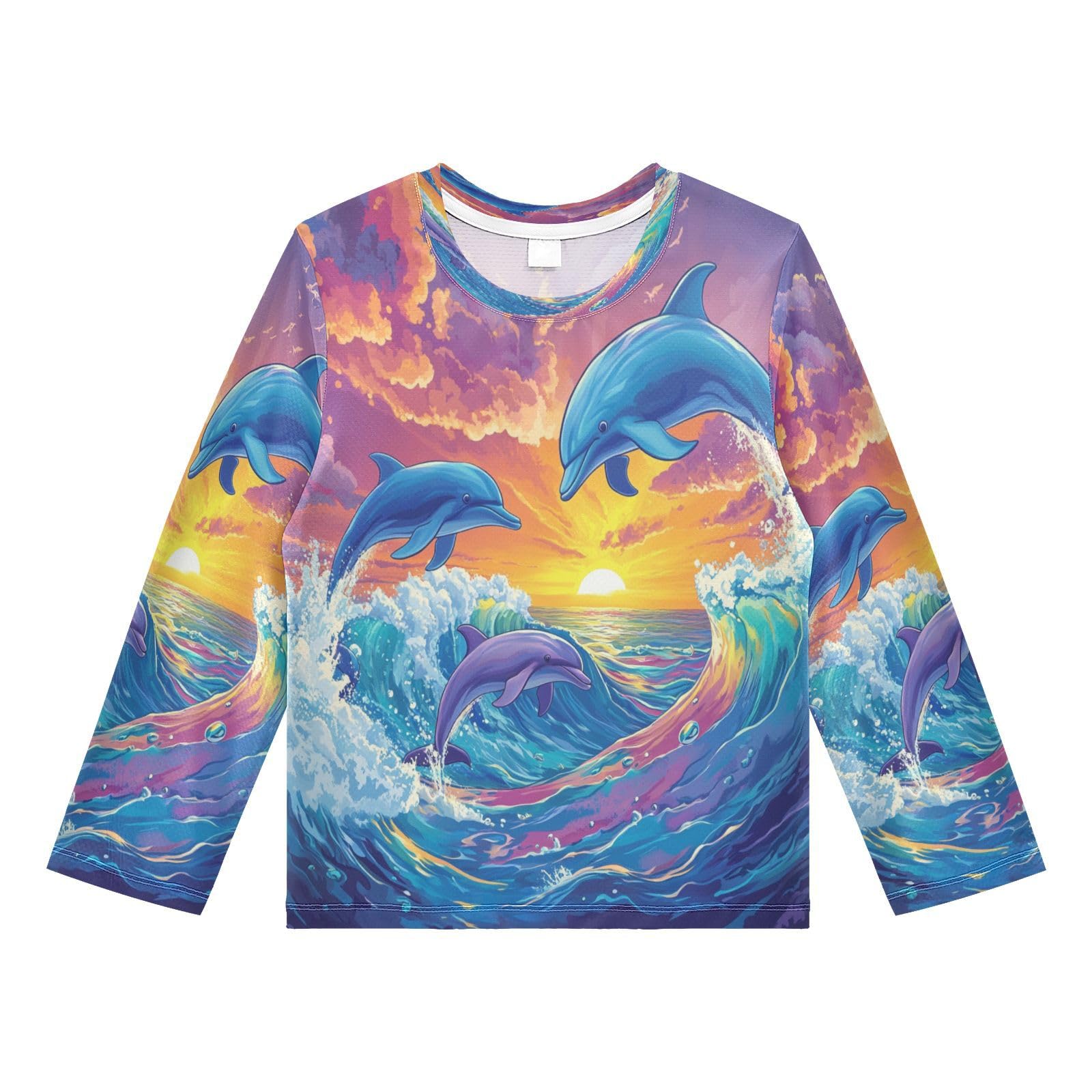 Dolphin Wave Sunset Blue Rash Guard Shirt for Boys Sun Protection Shirt for Running Swiming Pool UPF50+ 7-8T