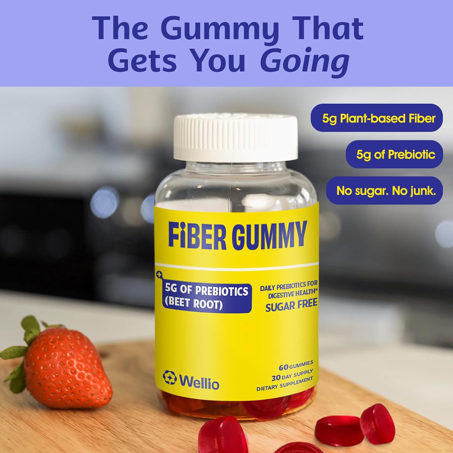 Fiber Gummies for Adults – Sugar Free Prebiotic Fiber Supplement with FOS, GLP-1 & Digestive Support – 5g Natural Fiber per Serving – Non-Stick Fruit Flavor – 60 Count – Made in USA