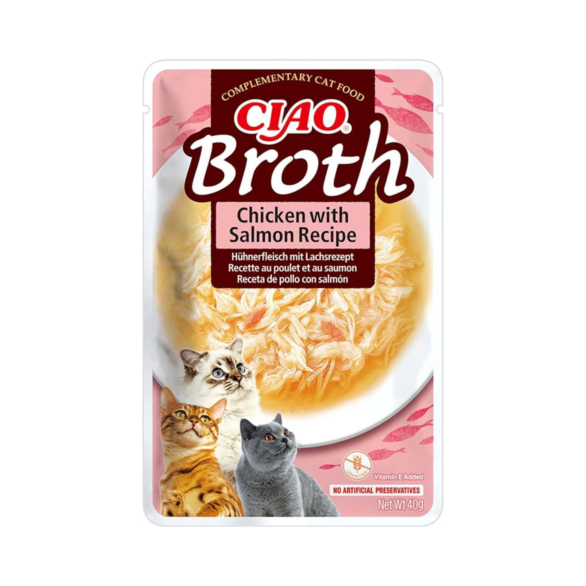 Ciao Broth by INABA Wet Cat Food - Chicken with Salmon - 1 Pack (40g total) / Moist Treat, Delicious & Healthy Snack, Food Topper, Side Dish, Complement, Natural, Grain Free, Wet Cat Food