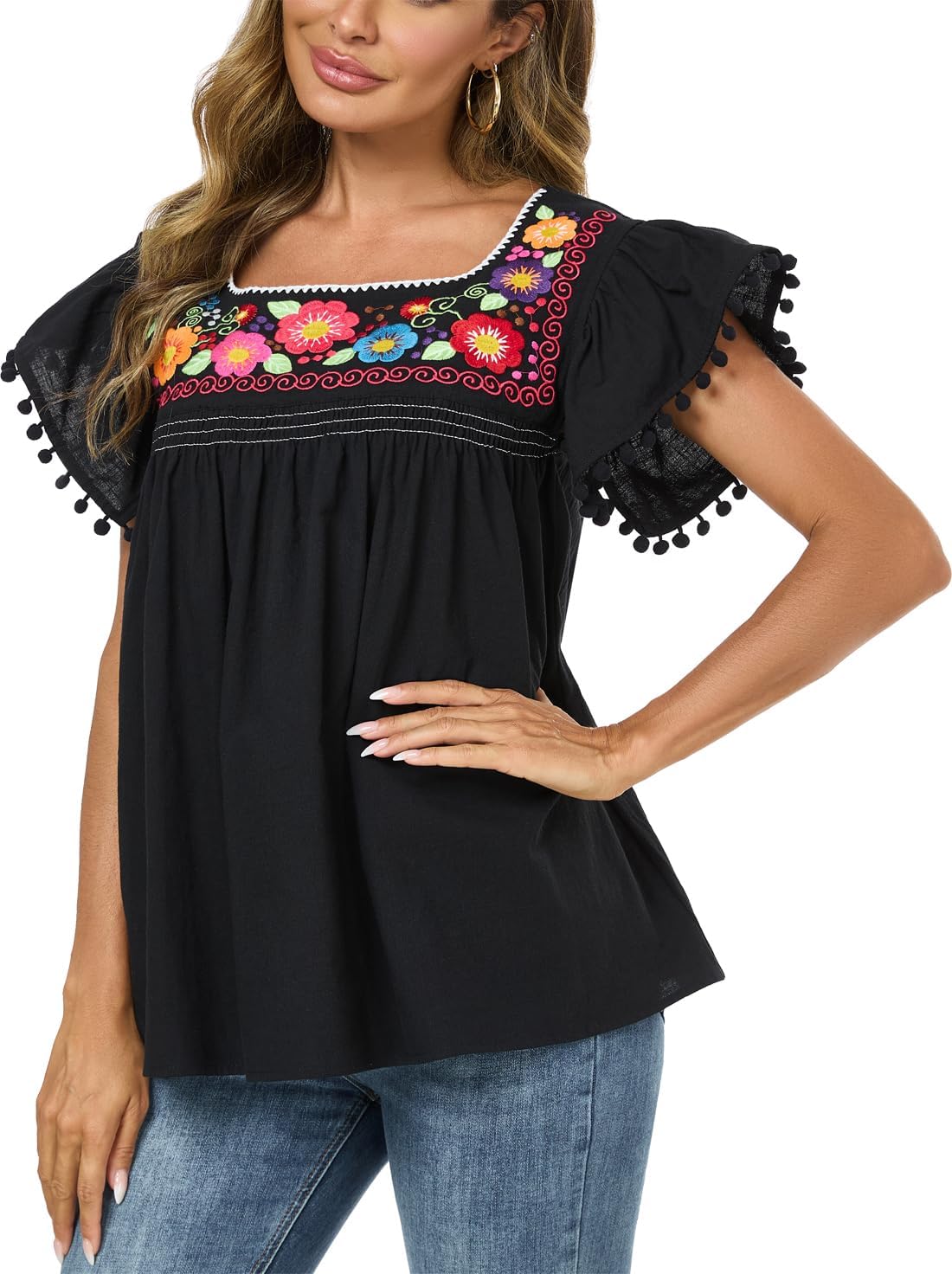 YZXDORWJ Embroidered Mexican Top for Women Peasant Blouse Mexico Summer Shirt Short Sleeve