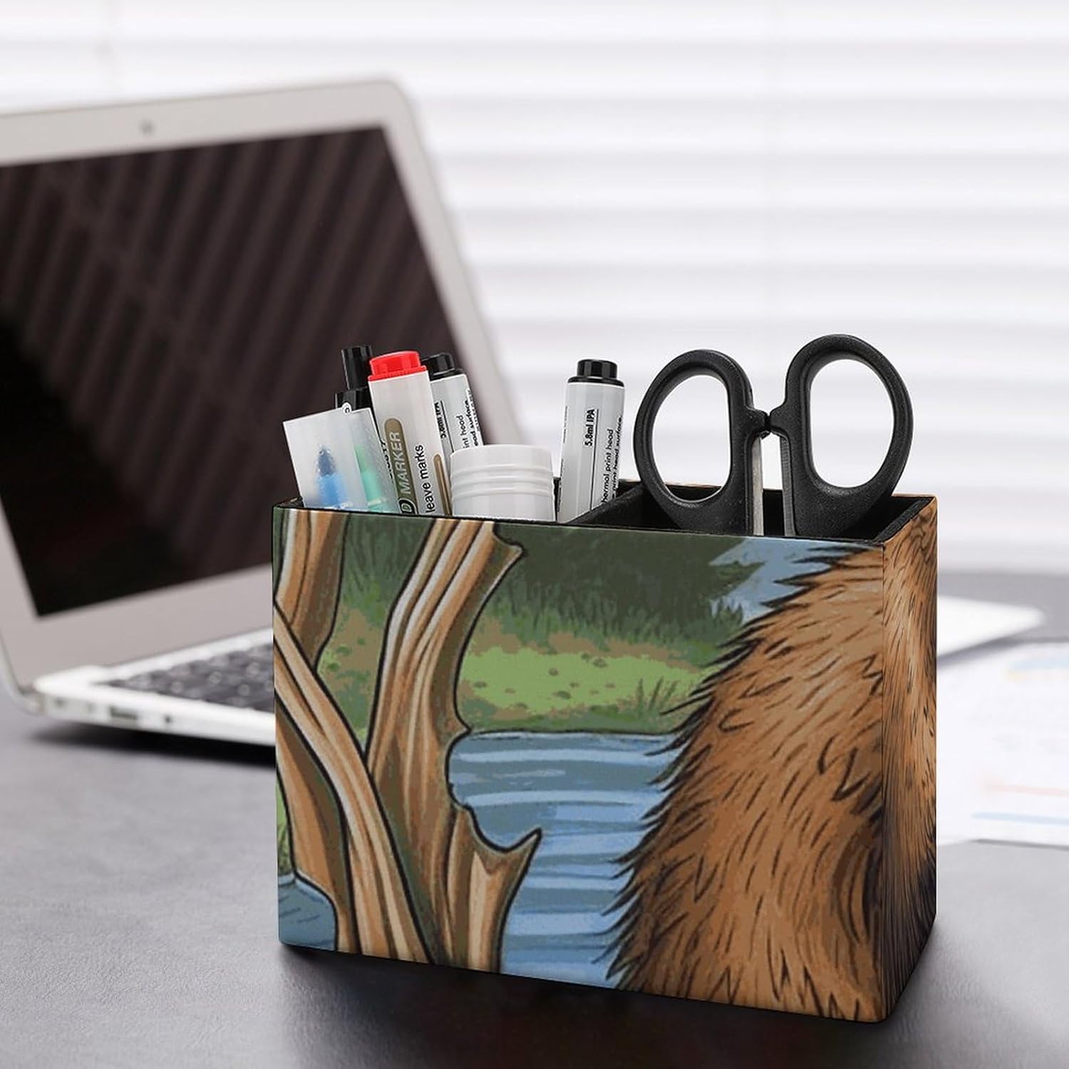 Leather Square Color Simple Busy Beaver Cartoon Printed Pen Container Desktop Decoration Storage Accessories, Double Compartment Pen Container Ideal for Home Offices