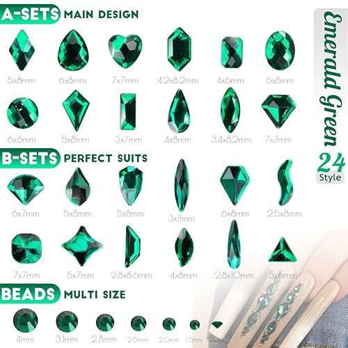 Miniatura 50 de 4 Boxes Emerald Green Rhinestones Glitters 24 Shapes K9 Glass Gems Stones Flatback Round Diamonds Crystals Nail Art Charms Supplies for Nails Faces