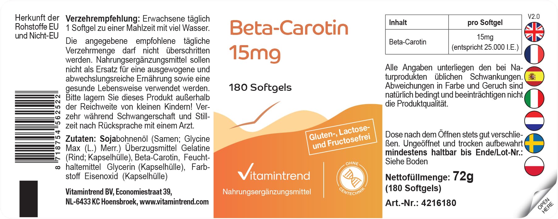 Vitamintrend Beta-karoten 15mg, 180 kapsułek po 15mg (odpowiada 25 000 j.m.), wysoka dawka, bez stearynianu magnezu, wyprodukowane w Niemczech.