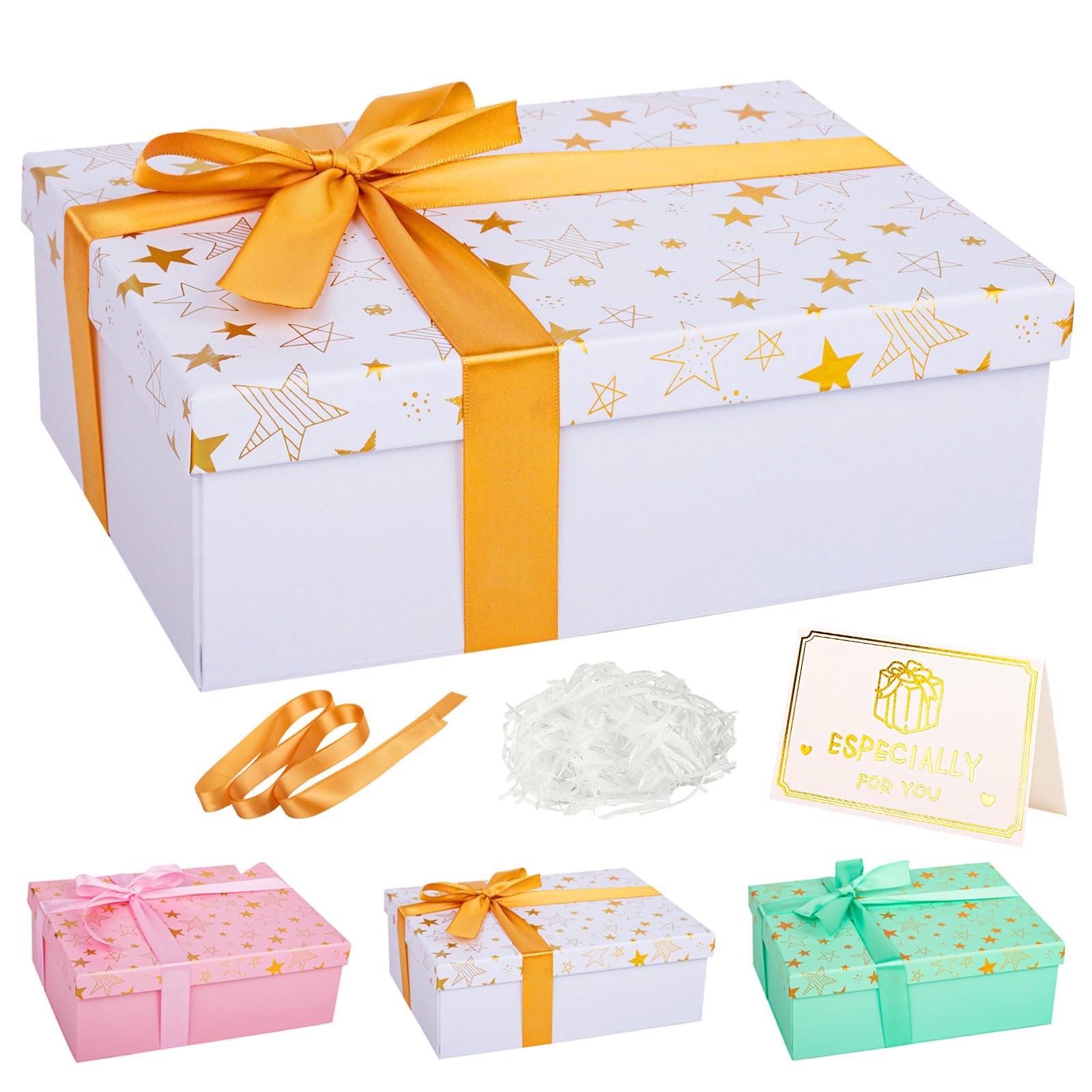 Star White Gift Box with Lid 25x18x9cm Medium/Large Luxury Gift Boxes for Presents, Cardboard Empty Gift Box for Birthday Christmas Valentines Present Box for Girls Kids Her with Ribbon