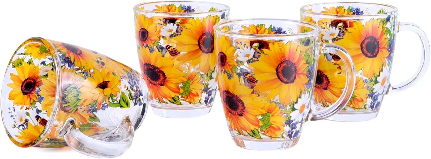 STP GOODS Sunflowers Glass Mug Set of 4 pcs 11.8 fl oz (350 ml) Tea and Coffee, Mug for Tea Latte Cocoa Chocolat, Microwave and Dishwasher Safe