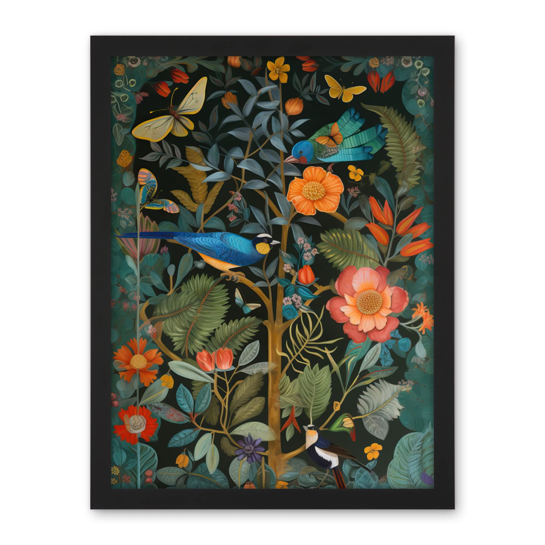 Artery8 Birds and Butterflies Modern Flower Art Nouveau Artwork Framed Wall Art Print 18X24 Inch