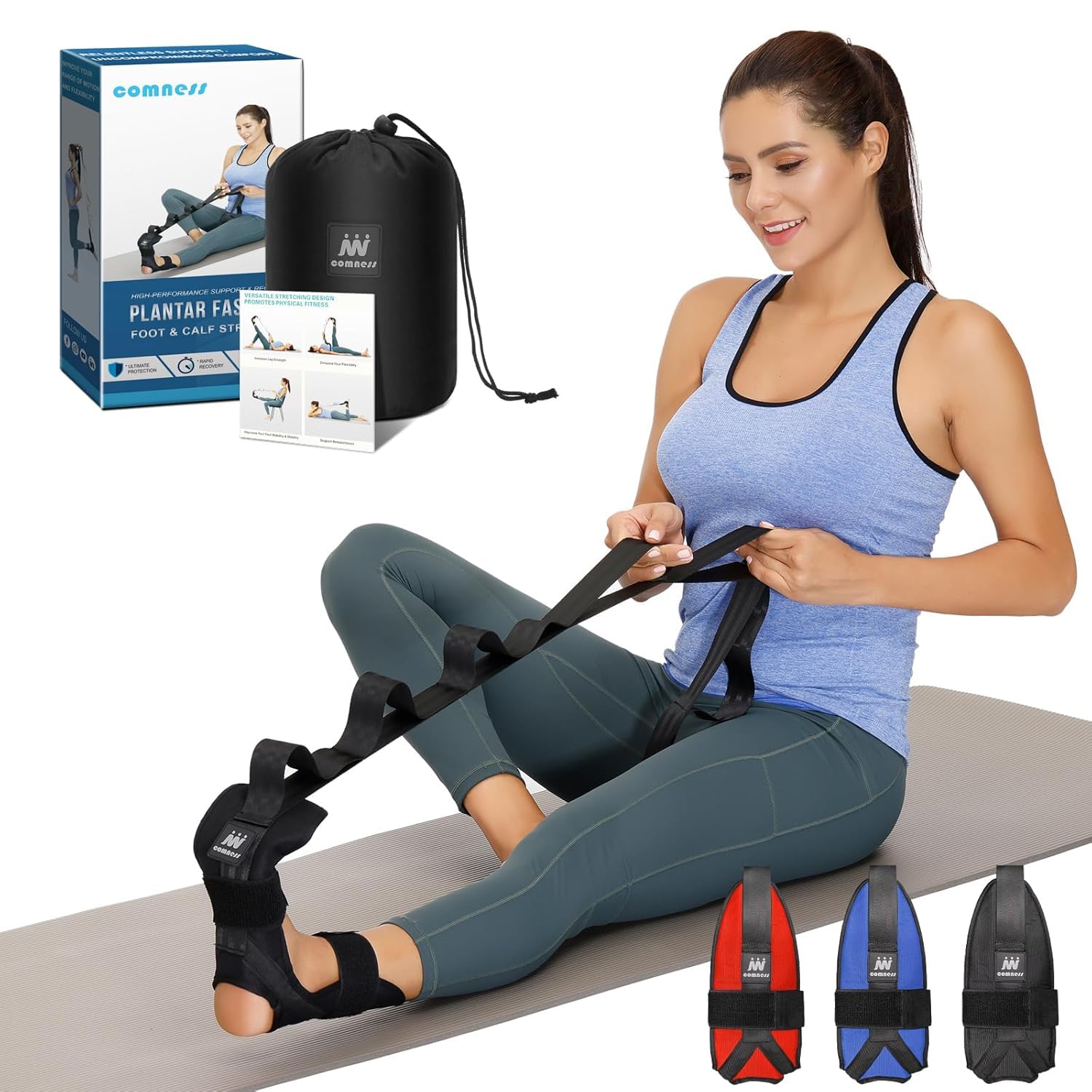 Foot and Calf Stretcher-Stretching Strap For Plantar Fasciitis, Heel Spurs, Foot Drop, Achilles Tendonitis & Hamstring. Yoga Foot & Leg Stretch Strap. (Black)-image-18